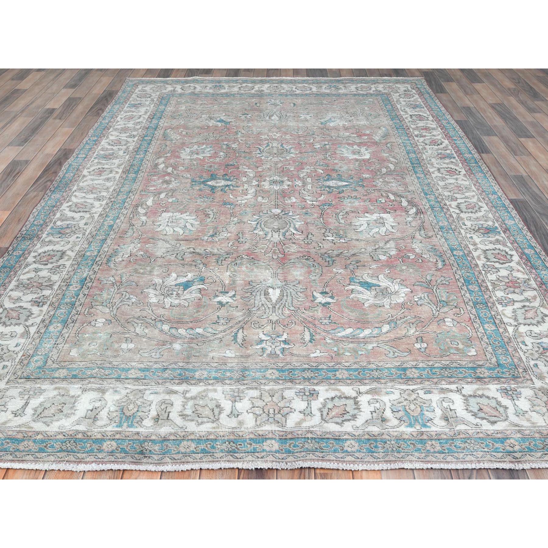 7'x10'8" Light Red, Vintage Persian Tabriz Sheared Low Distressed Look, Shabby Chic Worn Wool Hand Knotted, Oriental Rug Sh81695