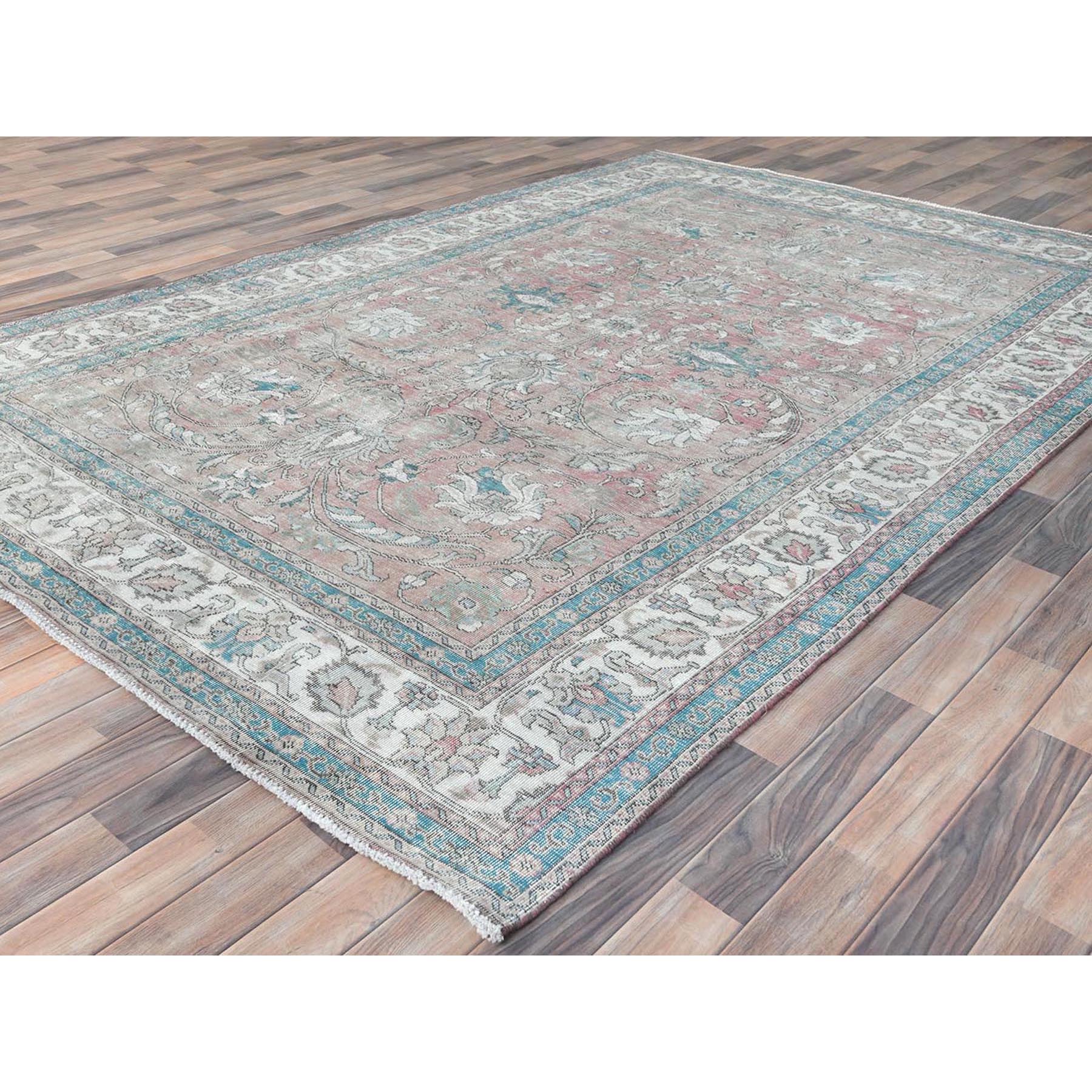 7'x10'8" Light Red, Vintage Persian Tabriz Sheared Low Distressed Look, Shabby Chic Worn Wool Hand Knotted, Oriental Rug Sh81695