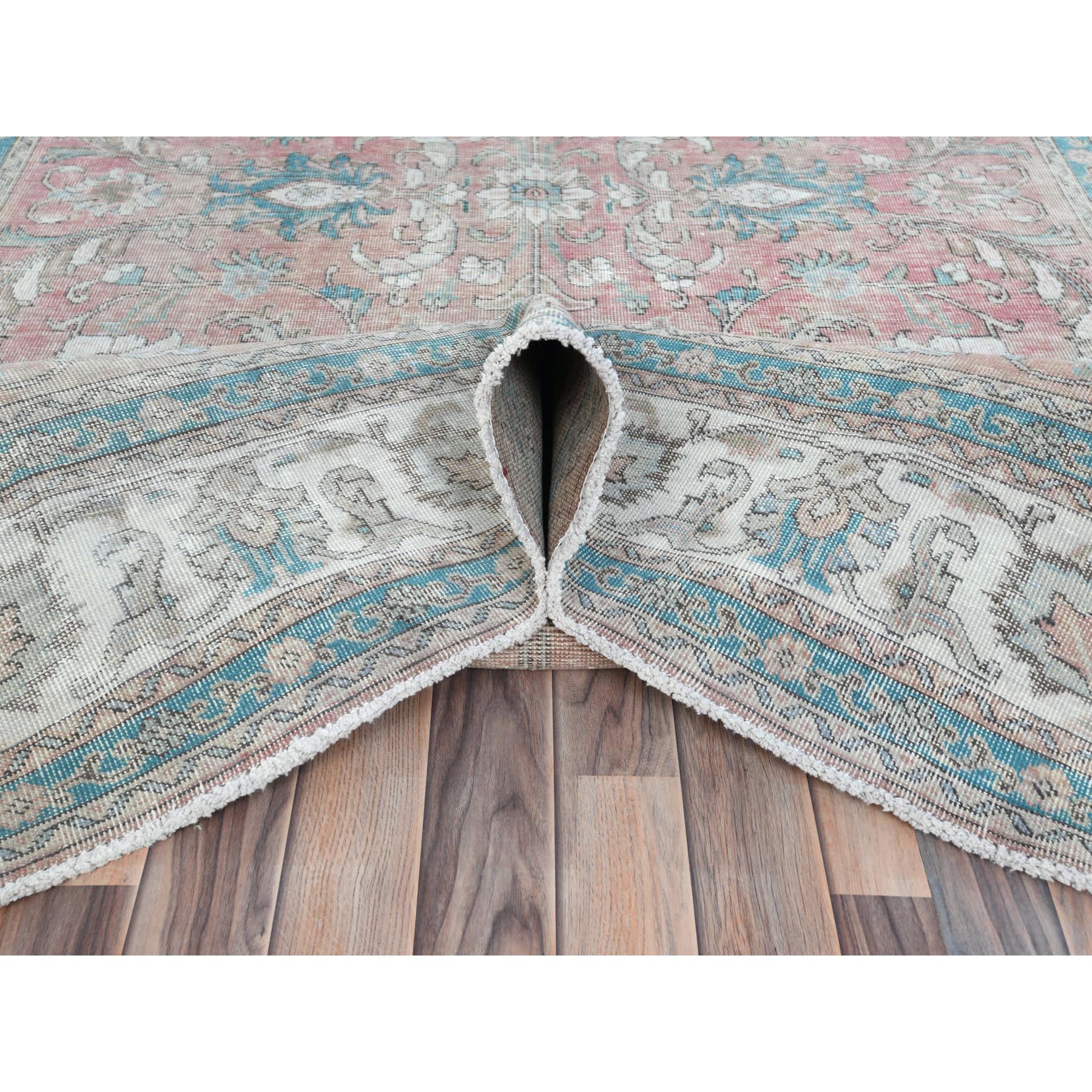 7'x10'8" Light Red, Vintage Persian Tabriz Sheared Low Distressed Look, Shabby Chic Worn Wool Hand Knotted, Oriental Rug Sh81695