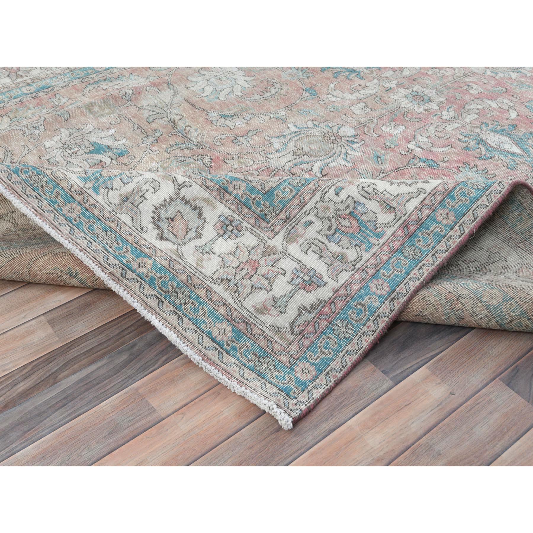 7'x10'8" Light Red, Vintage Persian Tabriz Sheared Low Distressed Look, Shabby Chic Worn Wool Hand Knotted, Oriental Rug Sh81695