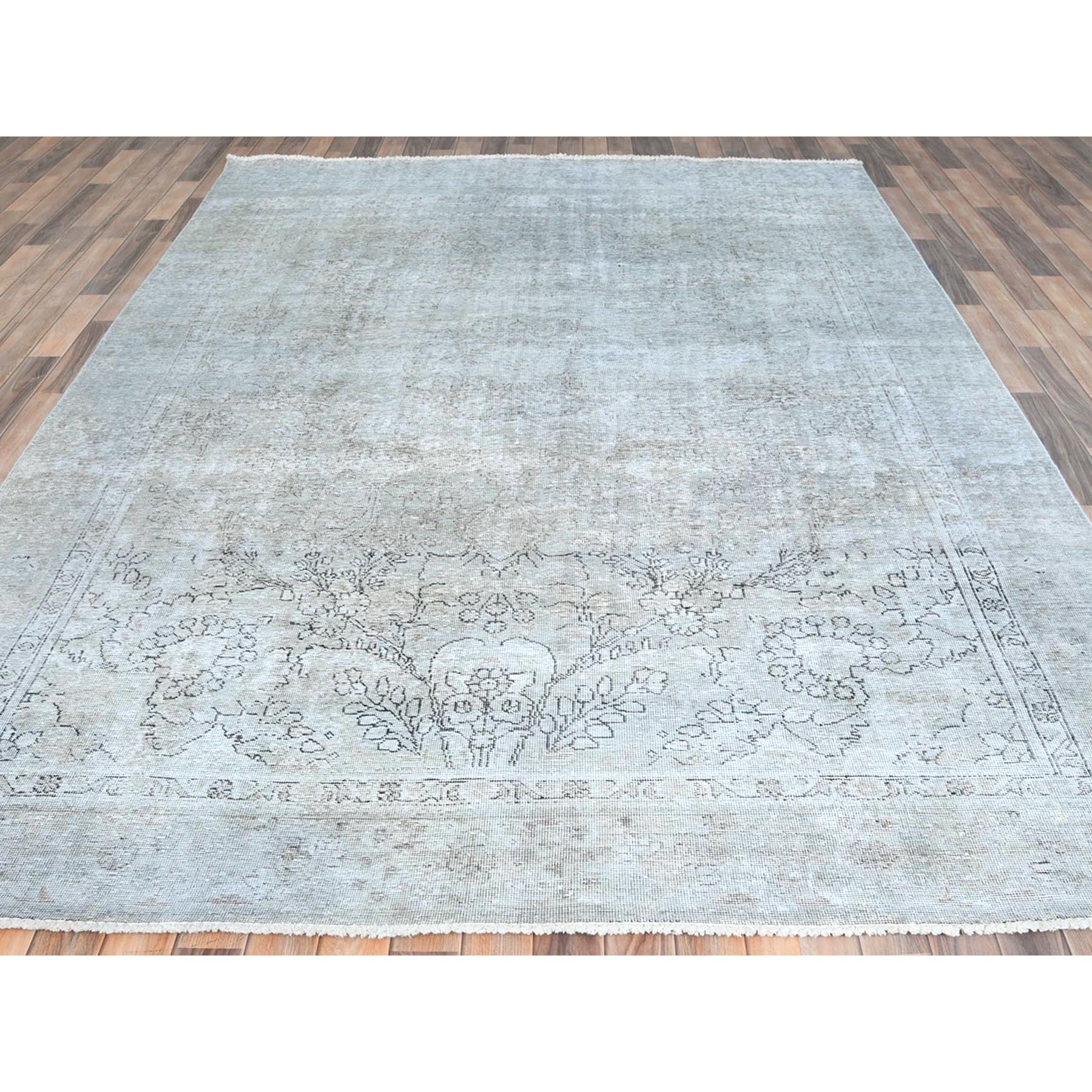7'7"x10'10" Cream, Vintage Persian Tabriz Sheared Low Distressed Look, Shabby Chic Worn Wool Hand Knotted, Oriental Rug Sh81713