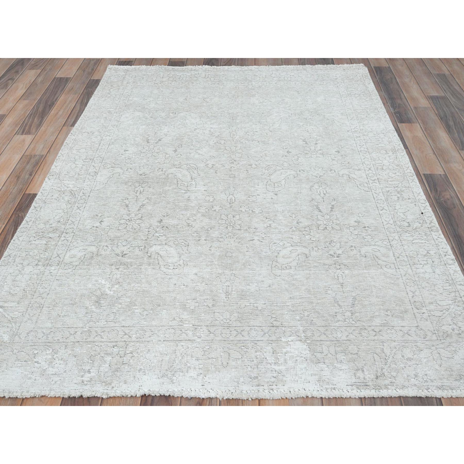 4'8"x6'2" Ivory, Hand Knotted Vintage Persian Tabriz Cropped Thin, Distressed Look Shabby Chic Worn Wool, Oriental Rug Sh81714