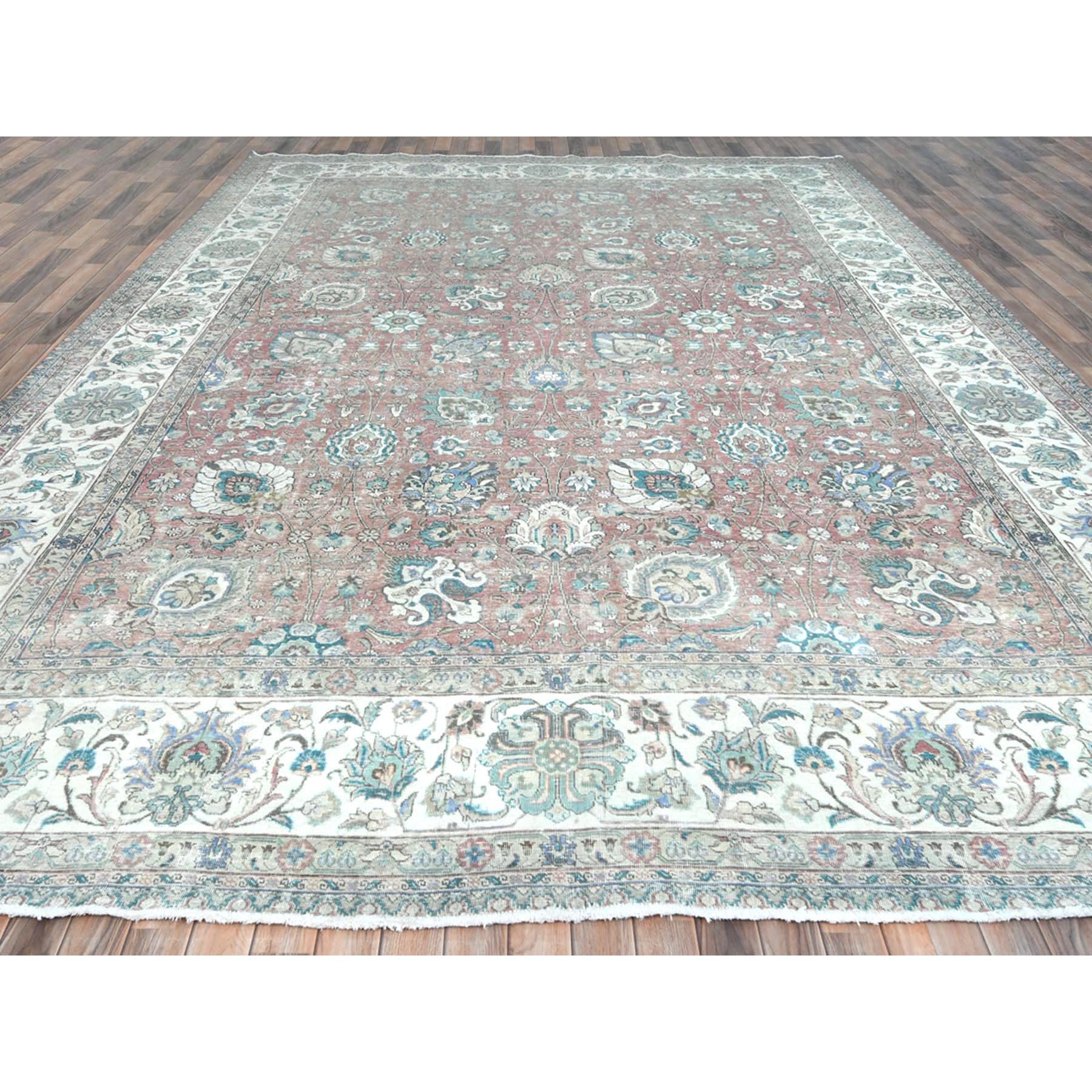 11'1"x14'7" Faded Red Vintage Persian Tabriz with All Over Design, Worn Wool, Distressed Look, Sheared Low, Shabby Chic, Hand Knotted Oversized Oriental Rug Sh81742