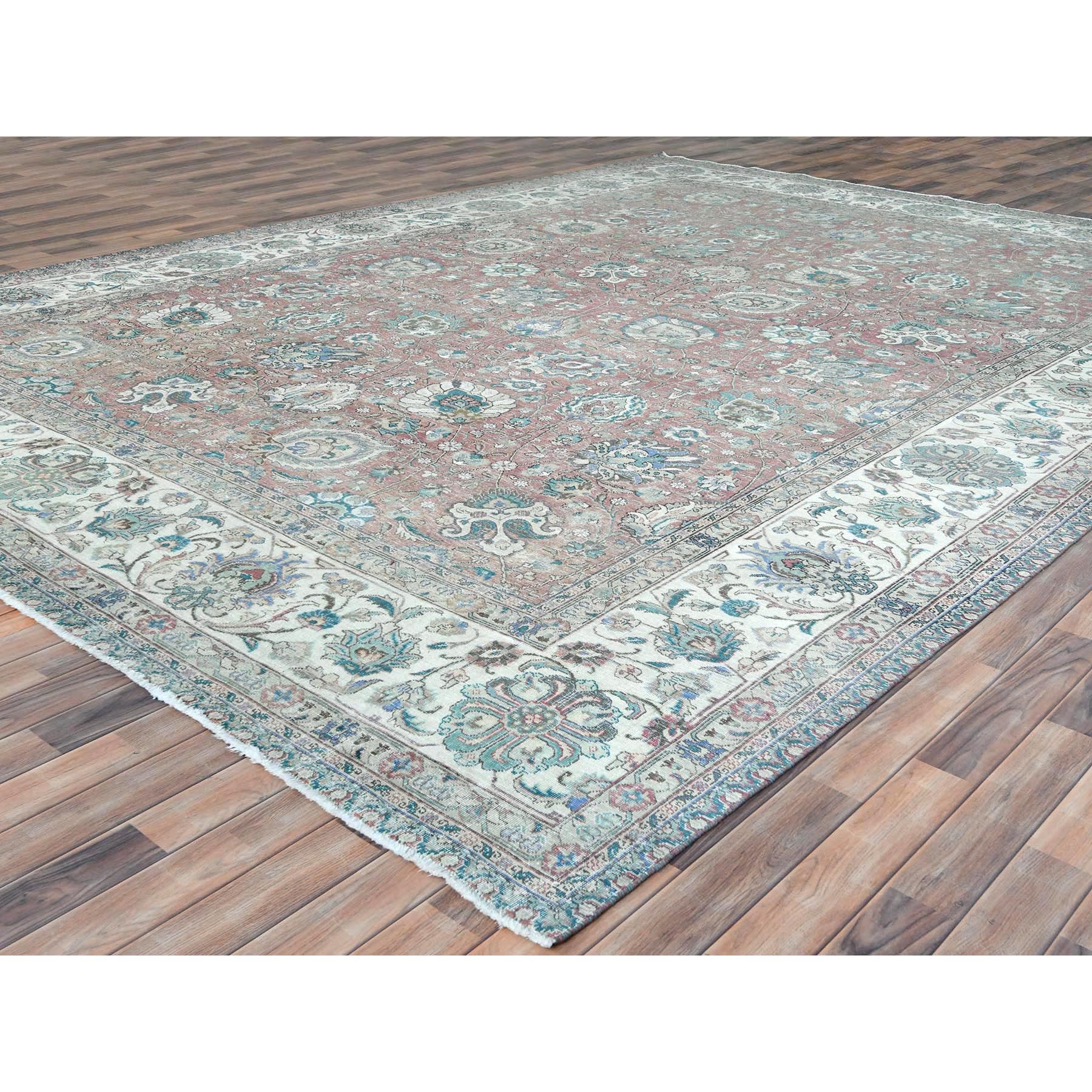 11'1"x14'7" Faded Red Vintage Persian Tabriz with All Over Design, Worn Wool, Distressed Look, Sheared Low, Shabby Chic, Hand Knotted Oversized Oriental Rug Sh81742