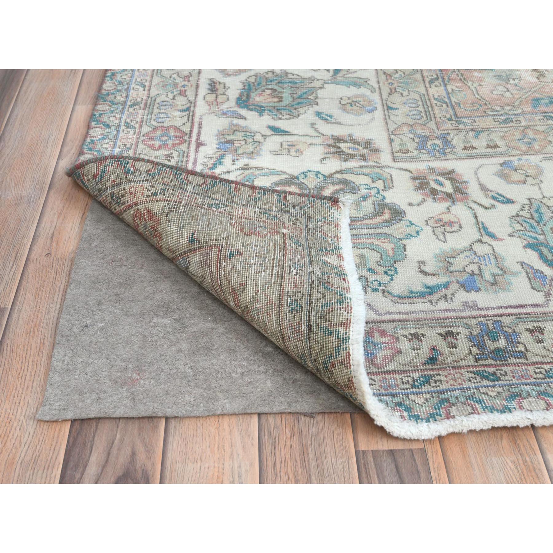 11'1"x14'7" Faded Red Vintage Persian Tabriz with All Over Design, Worn Wool, Distressed Look, Sheared Low, Shabby Chic, Hand Knotted Oversized Oriental Rug Sh81742
