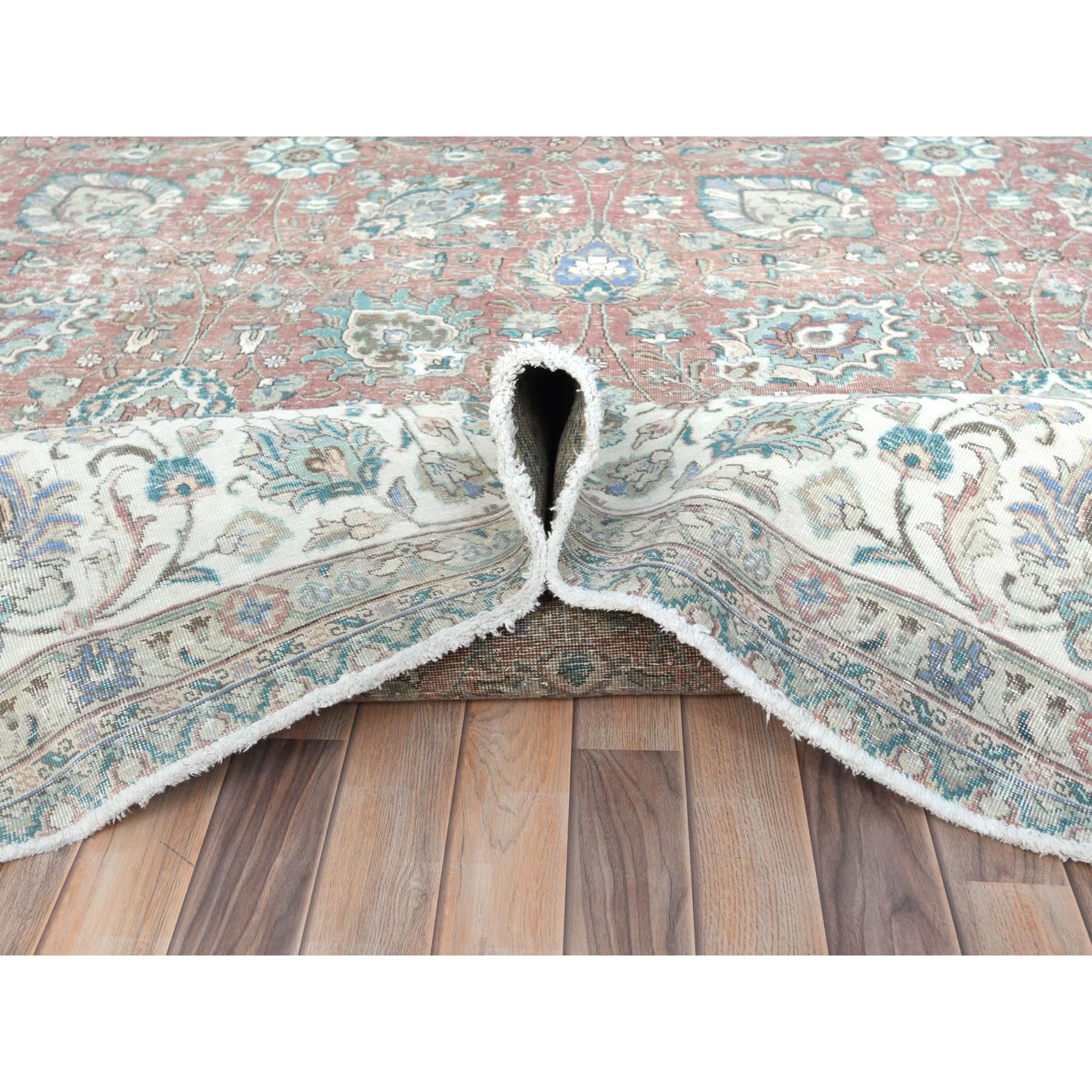 11'1"x14'7" Faded Red Vintage Persian Tabriz with All Over Design, Worn Wool, Distressed Look, Sheared Low, Shabby Chic, Hand Knotted Oversized Oriental Rug Sh81742