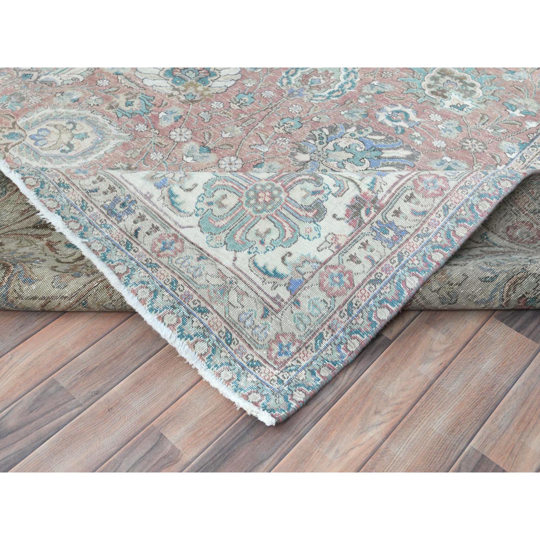 11'1"x14'7" Faded Red Vintage Persian Tabriz with All Over Design, Worn Wool, Distressed Look, Sheared Low, Shabby Chic, Hand Knotted Oversized Oriental Rug Sh81742