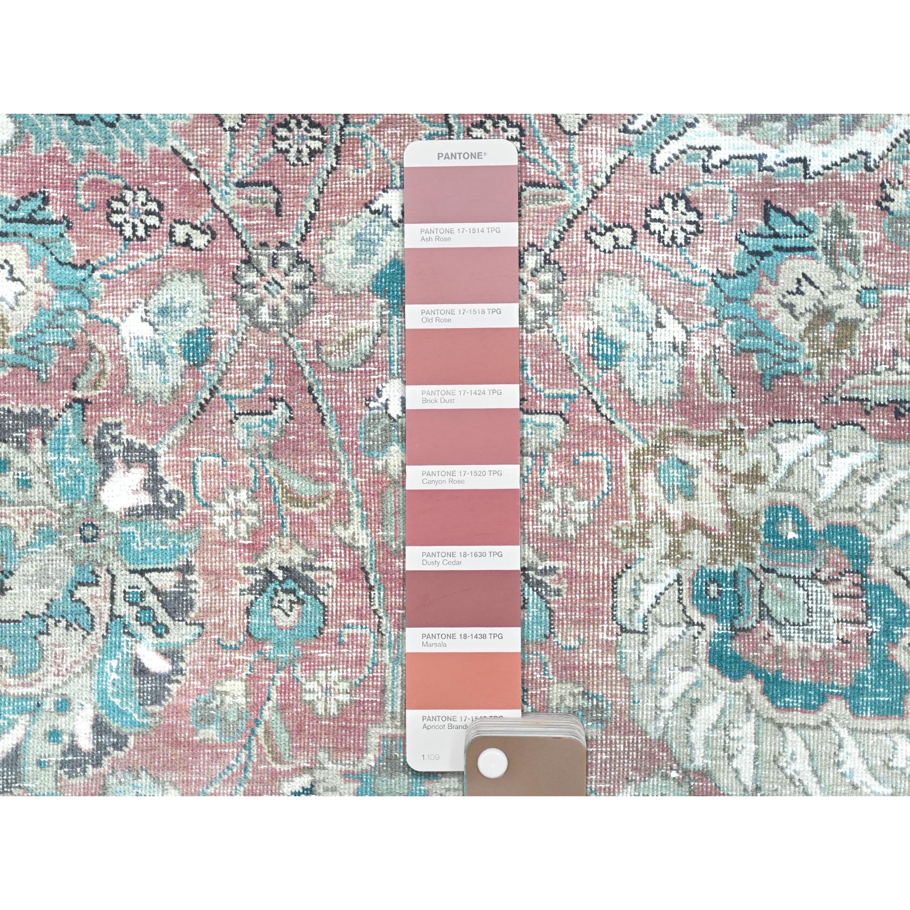 11'1"x14'7" Faded Red Vintage Persian Tabriz with All Over Design, Worn Wool, Distressed Look, Sheared Low, Shabby Chic, Hand Knotted Oversized Oriental Rug Sh81742