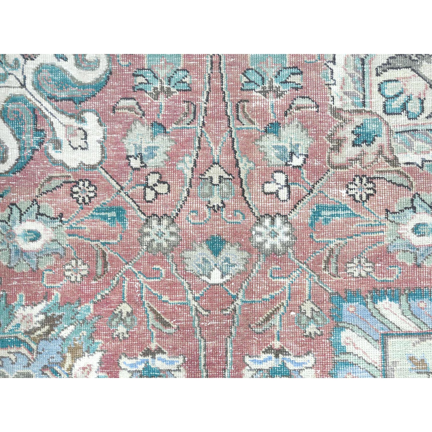 11'1"x14'7" Faded Red Vintage Persian Tabriz with All Over Design, Worn Wool, Distressed Look, Sheared Low, Shabby Chic, Hand Knotted Oversized Oriental Rug Sh81742