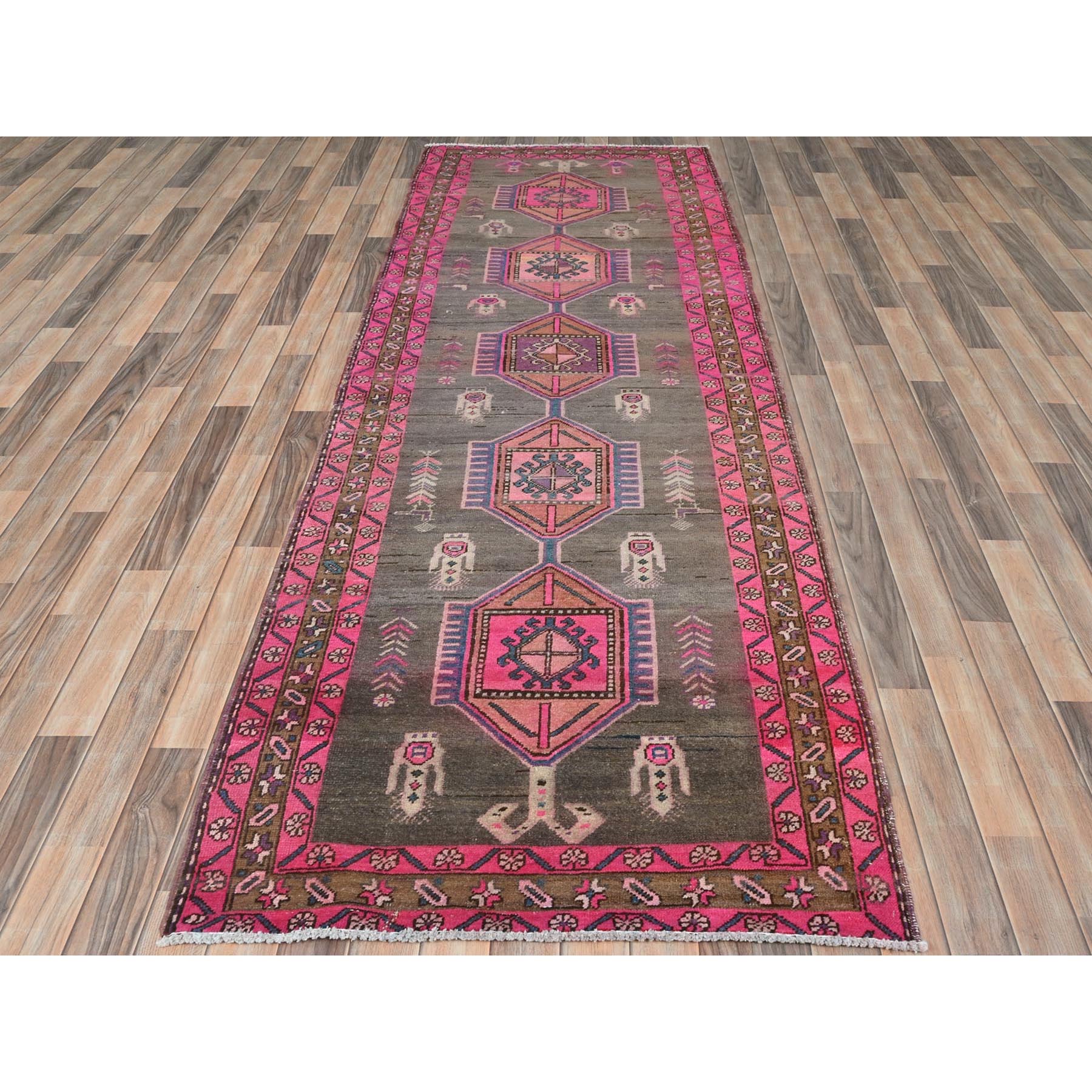 3'7"x10'1" Mocha Brown with Pink, Vintage Persian Heriz, Geometric Medallions, Hand Knotted Pure Wool, Bohemian, Clean, Worn Down, Wide Runner Oriental Rug Sh81847