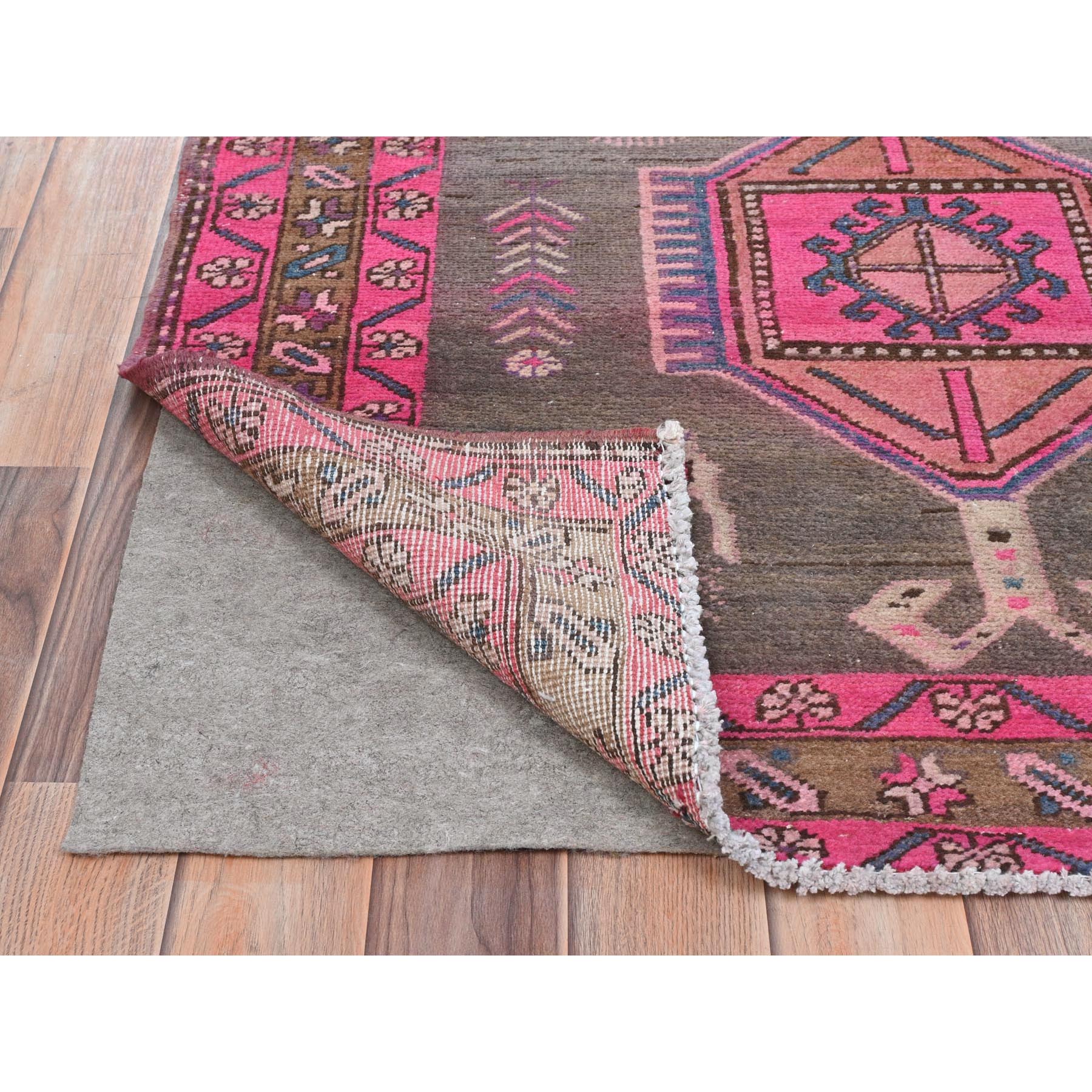 3'7"x10'1" Mocha Brown with Pink, Vintage Persian Heriz, Geometric Medallions, Hand Knotted Pure Wool, Bohemian, Clean, Worn Down, Wide Runner Oriental Rug Sh81847