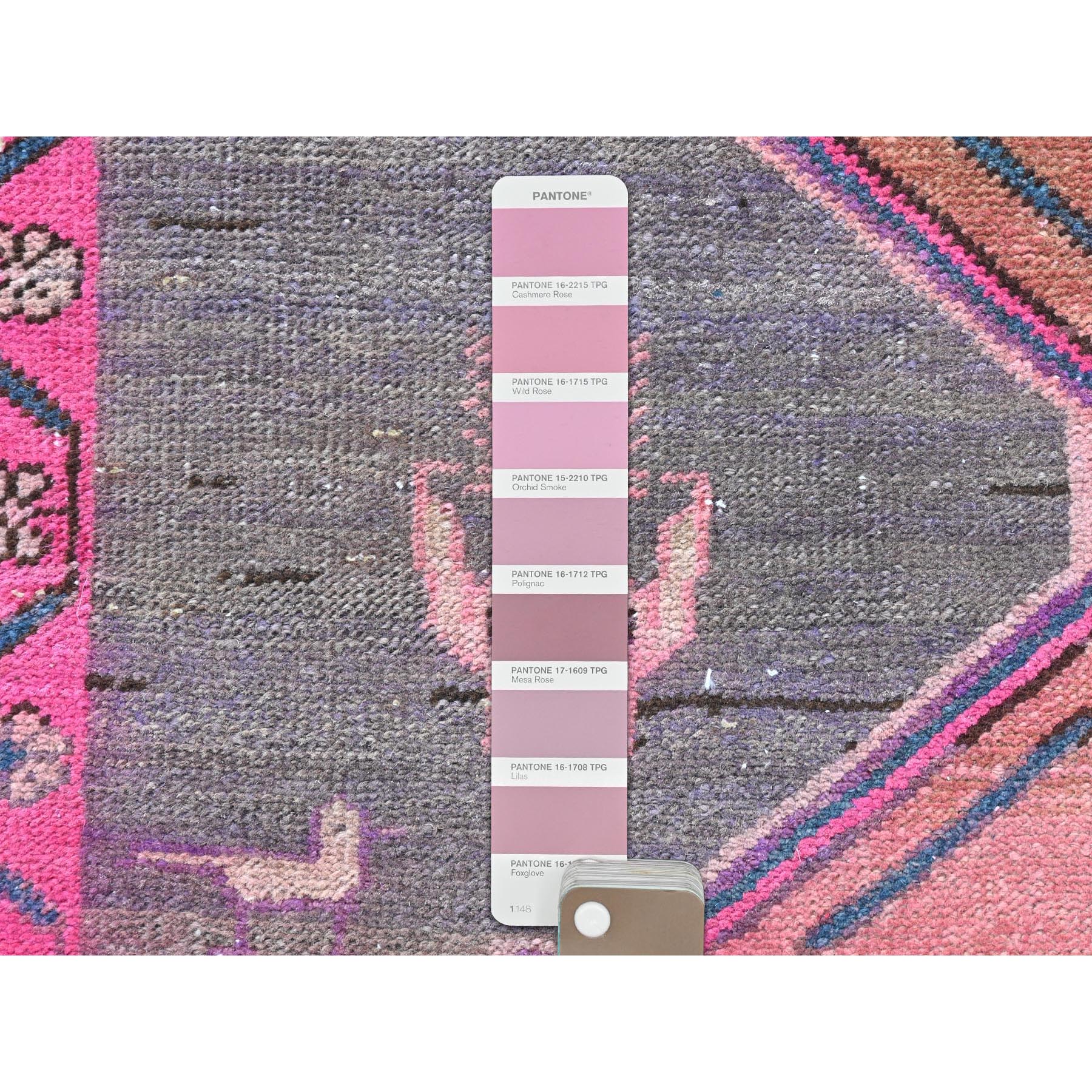 3'7"x10'1" Mocha Brown with Pink, Vintage Persian Heriz, Geometric Medallions, Hand Knotted Pure Wool, Bohemian, Clean, Worn Down, Wide Runner Oriental Rug Sh81847