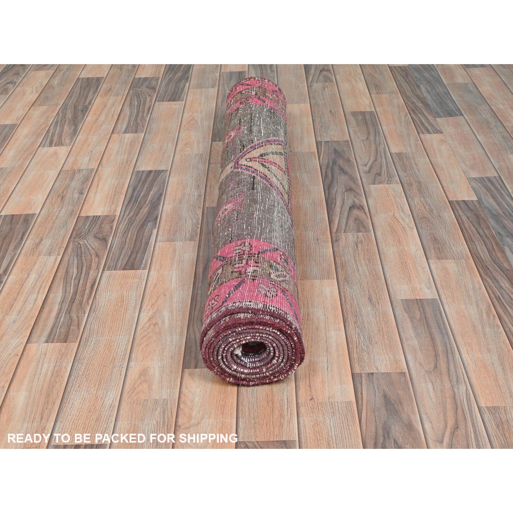 3'7"x10'1" Mocha Brown with Pink, Vintage Persian Heriz, Geometric Medallions, Hand Knotted Pure Wool, Bohemian, Clean, Worn Down, Wide Runner Oriental Rug Sh81847