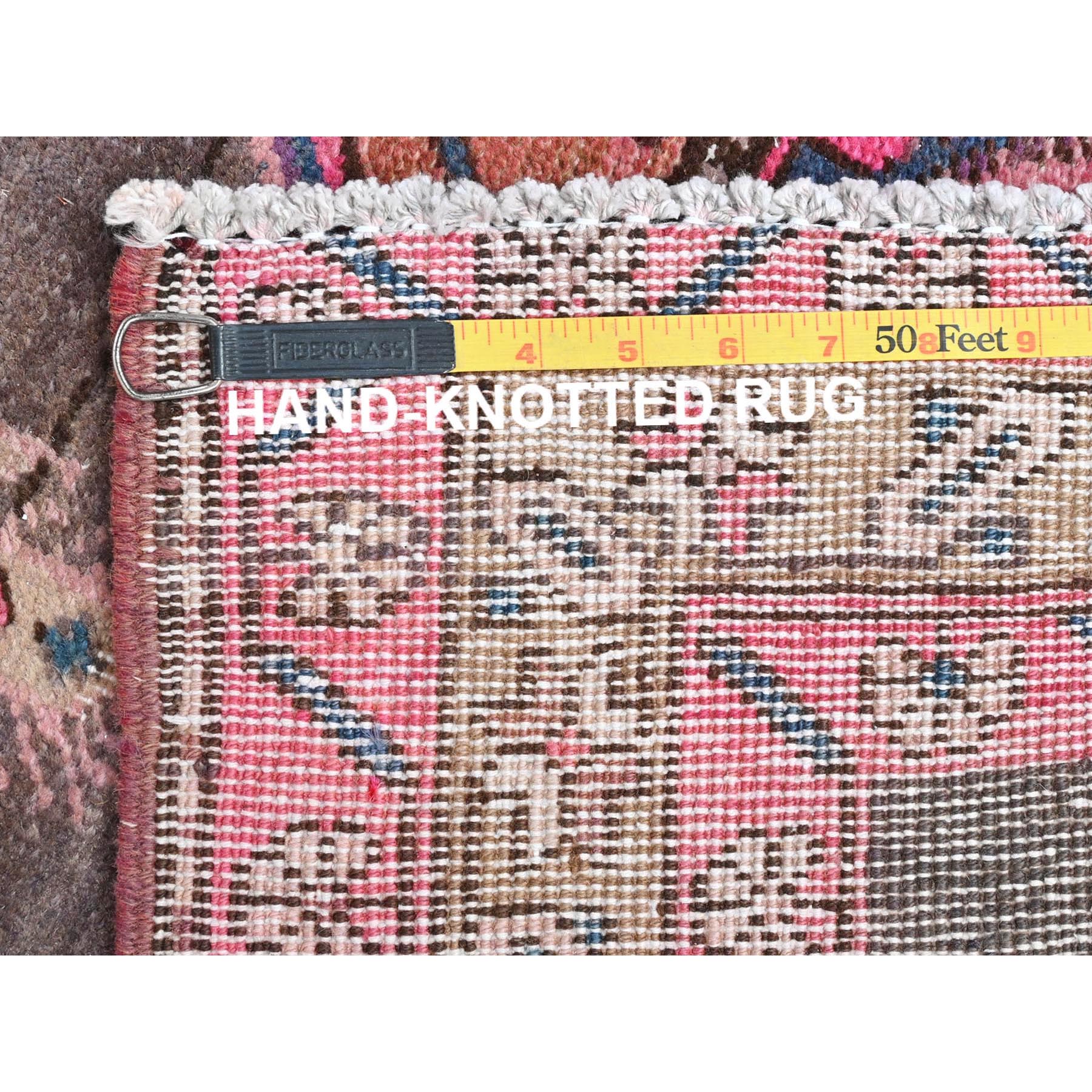 3'7"x10'1" Mocha Brown with Pink, Vintage Persian Heriz, Geometric Medallions, Hand Knotted Pure Wool, Bohemian, Clean, Worn Down, Wide Runner Oriental Rug Sh81847