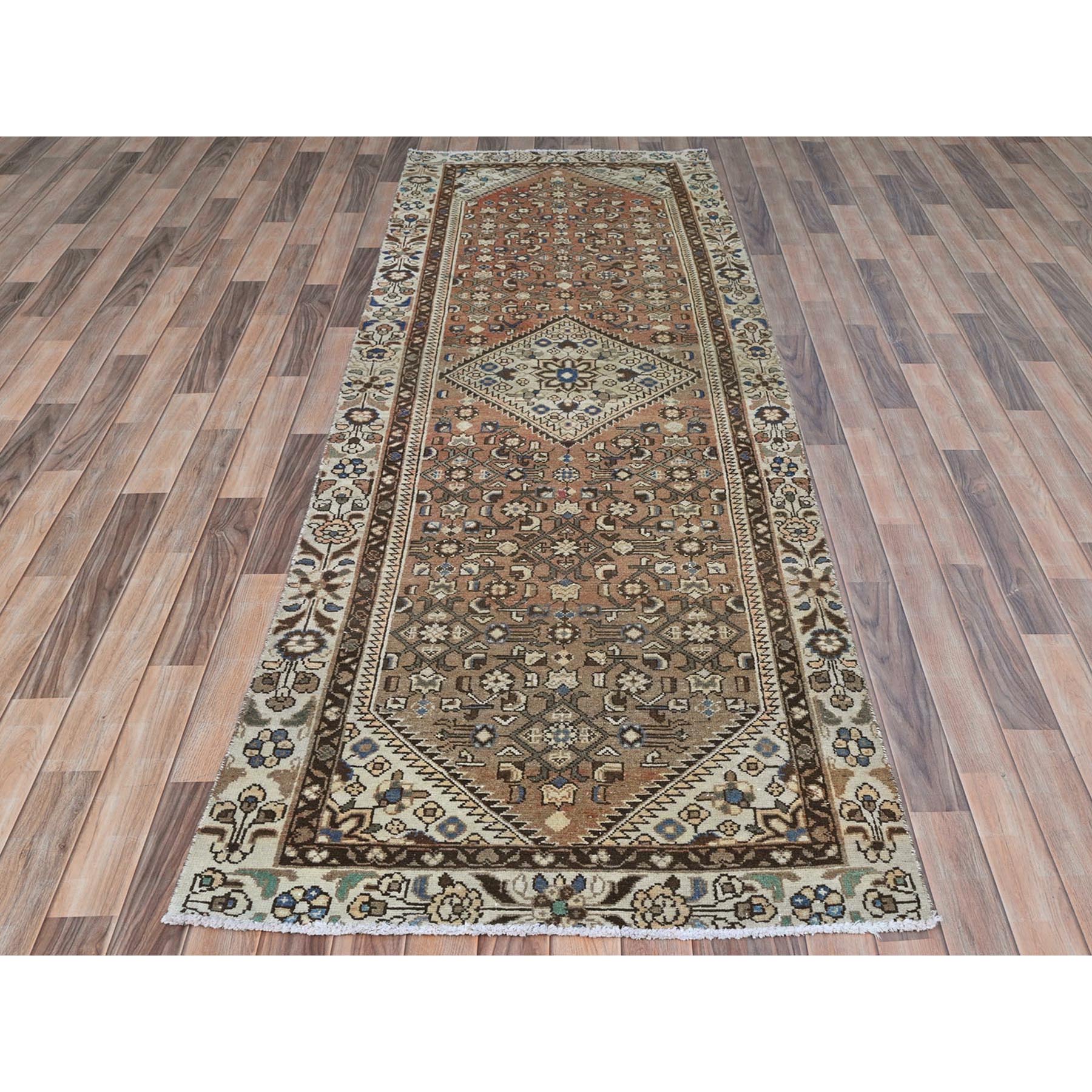3'4"x10' Almond Brown, Vintage Persian Hamadan with Geometric Medallion, Pure Wool Hand Knotted, Clean, Cropped Thin, Wide Runner Oriental Rug Sh81851