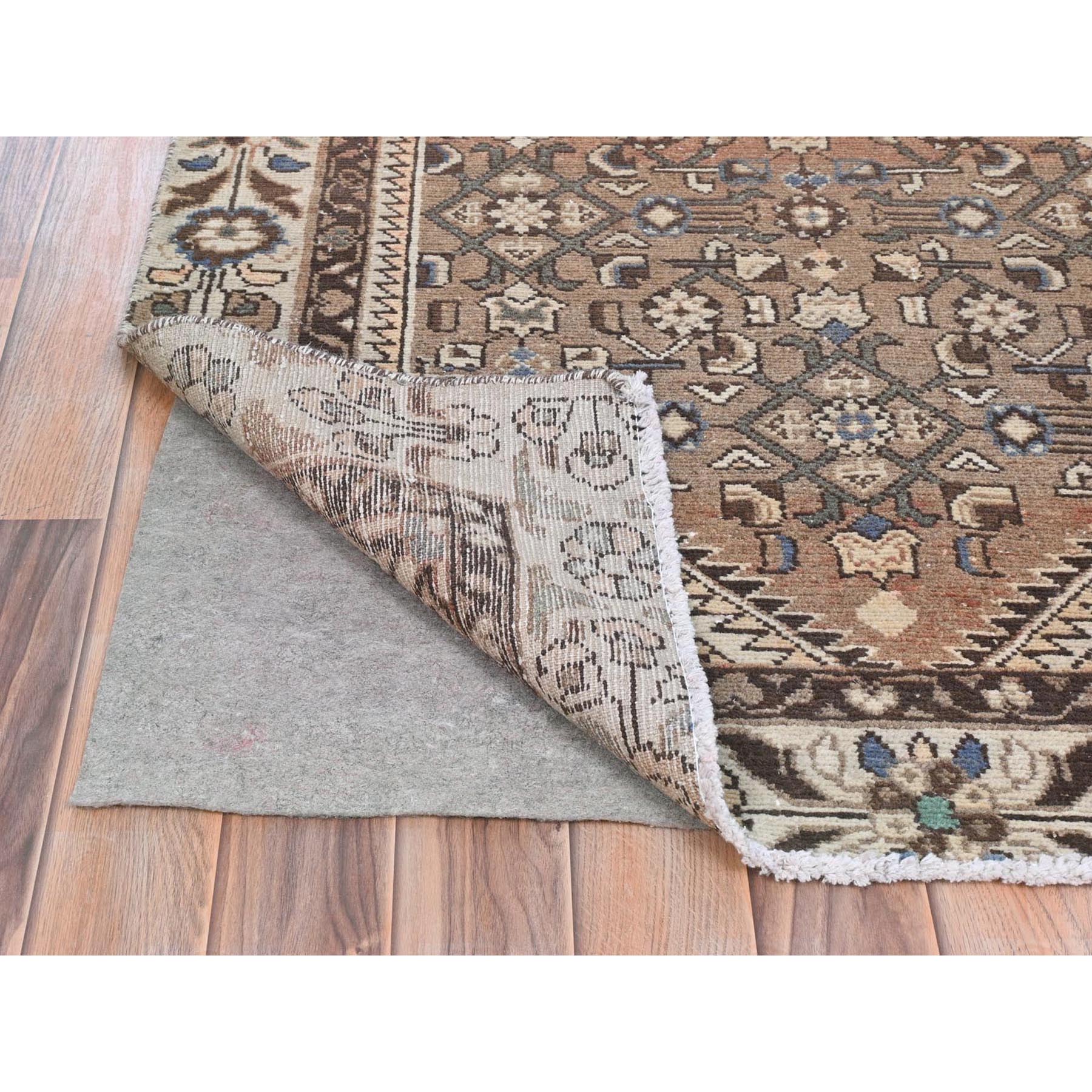 3'4"x10' Almond Brown, Vintage Persian Hamadan with Geometric Medallion, Pure Wool Hand Knotted, Clean, Cropped Thin, Wide Runner Oriental Rug Sh81851