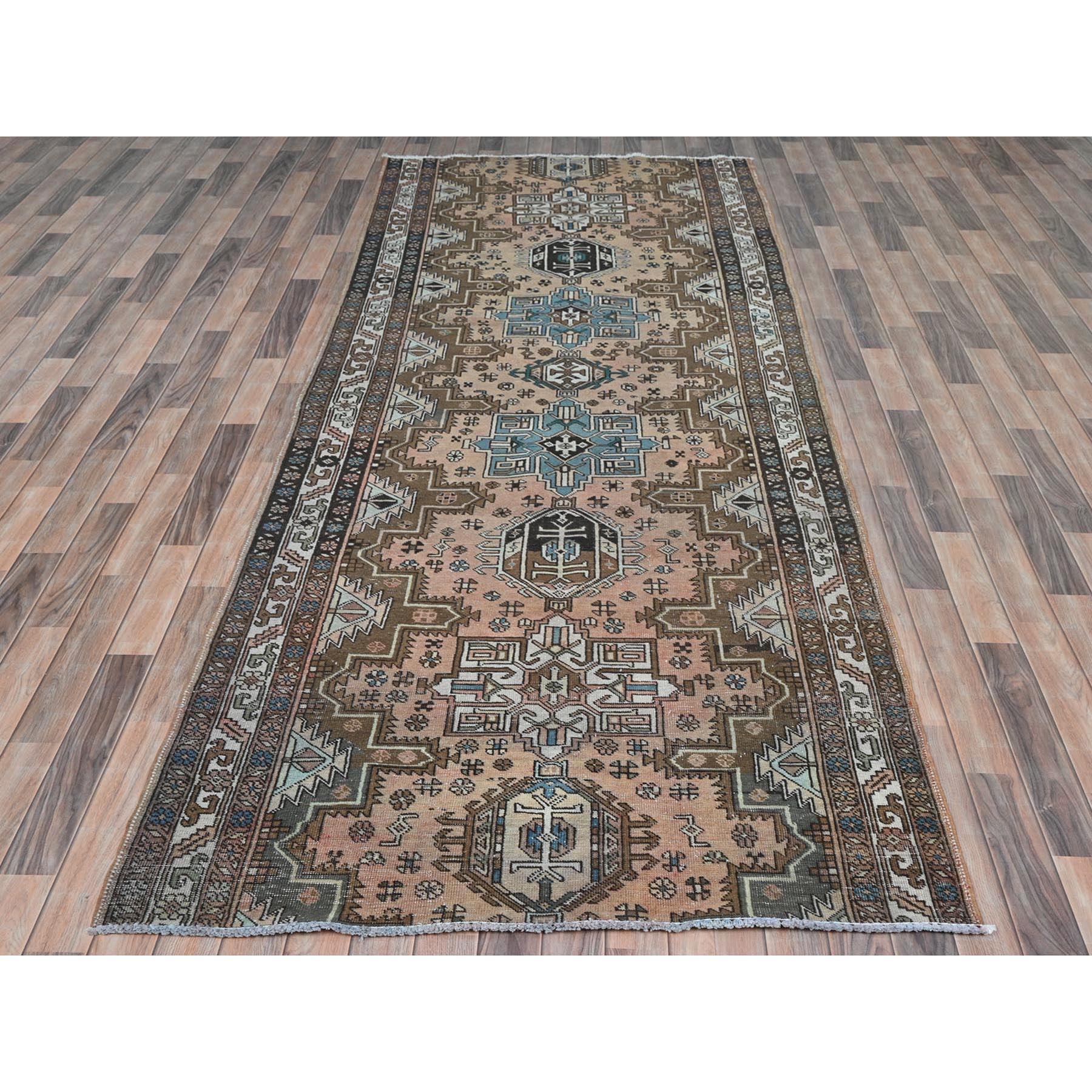 4'7"x12'9" Peach with Chocolate Brown, Vintage Persian Karajeh, Bohemian, Clean, Fragment, Hand Knotted Pure Wool, Distressed Wide Runner Oriental Rug Sh81861