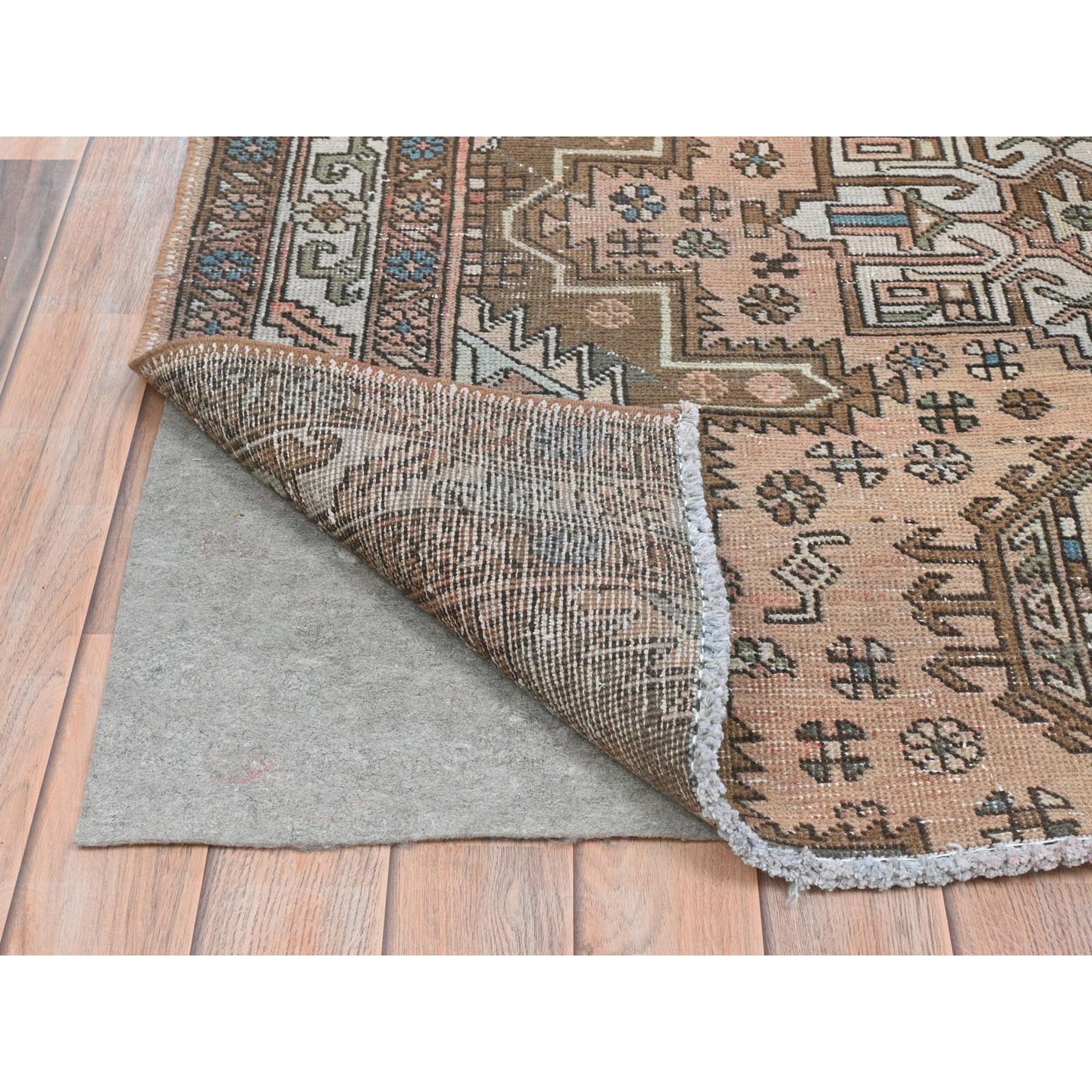 4'7"x12'9" Peach with Chocolate Brown, Vintage Persian Karajeh, Bohemian, Clean, Fragment, Hand Knotted Pure Wool, Distressed Wide Runner Oriental Rug Sh81861
