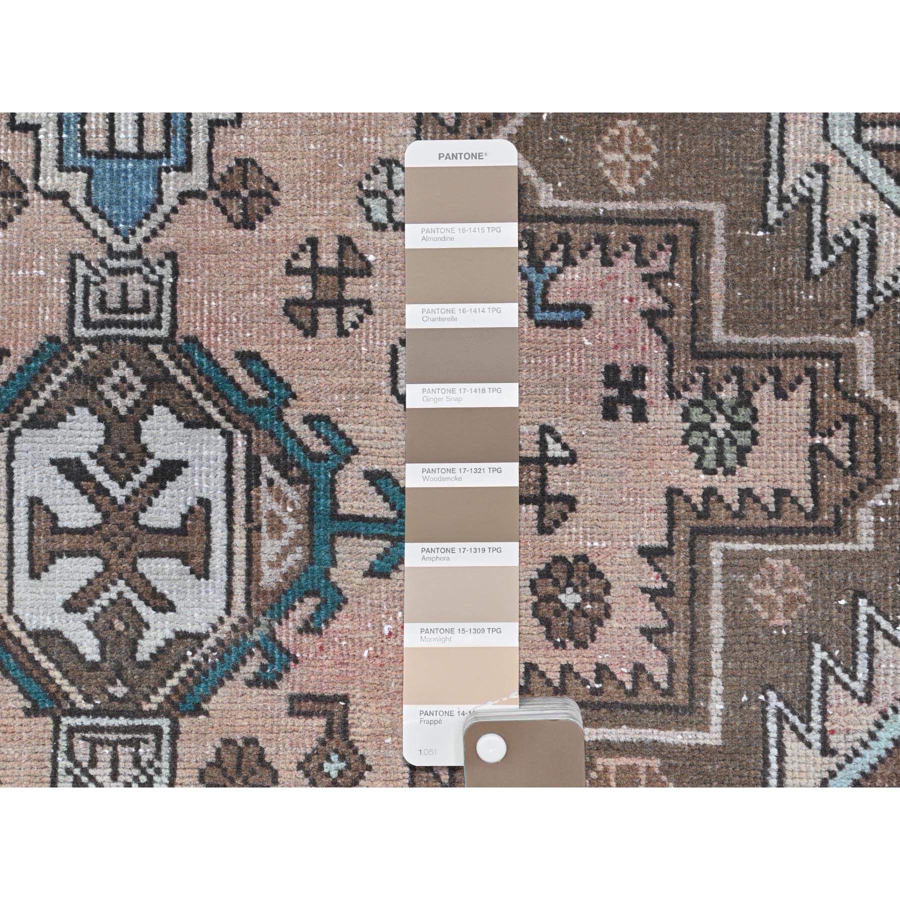 4'7"x12'9" Peach with Chocolate Brown, Vintage Persian Karajeh, Bohemian, Clean, Fragment, Hand Knotted Pure Wool, Distressed Wide Runner Oriental Rug Sh81861