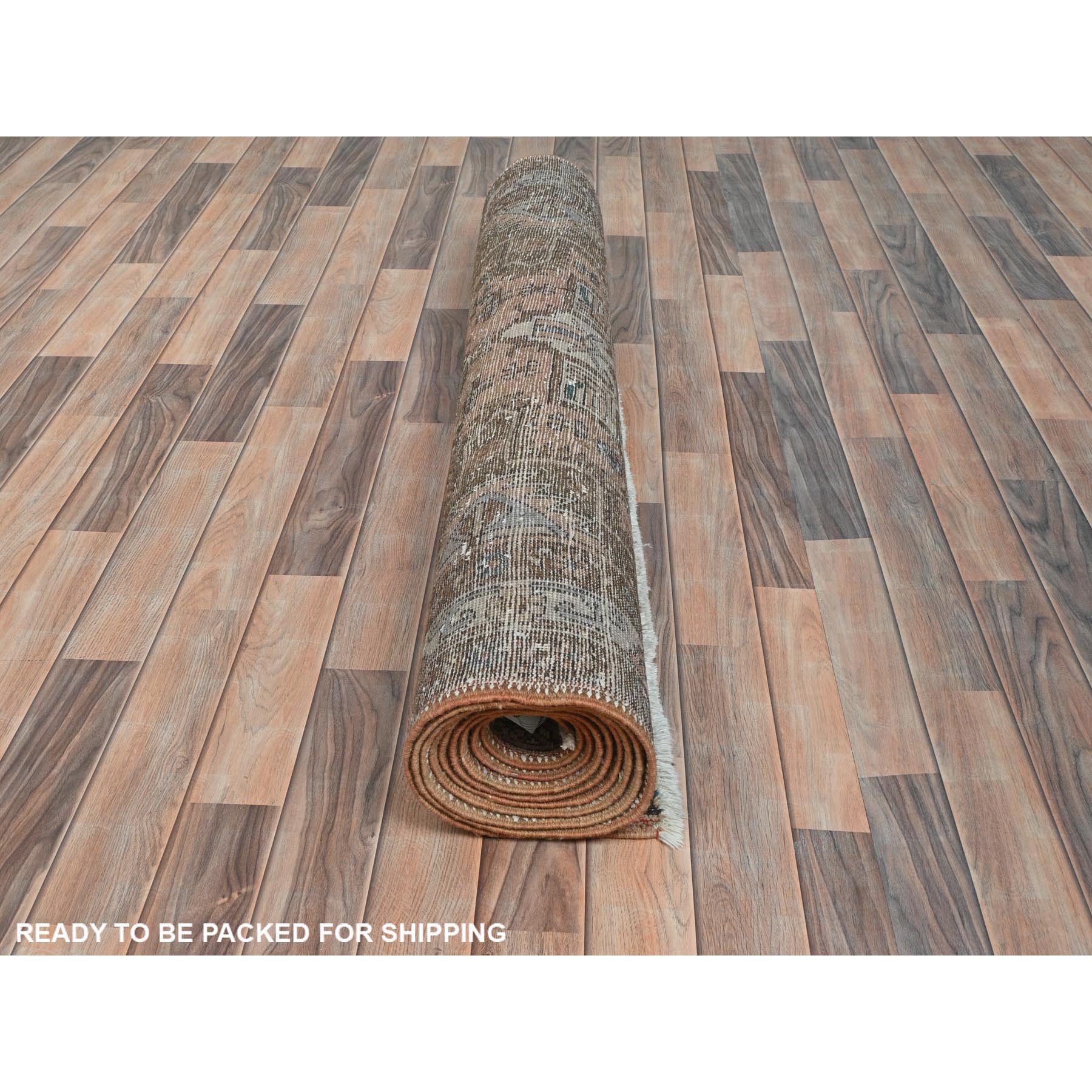 4'7"x12'9" Peach with Chocolate Brown, Vintage Persian Karajeh, Bohemian, Clean, Fragment, Hand Knotted Pure Wool, Distressed Wide Runner Oriental Rug Sh81861