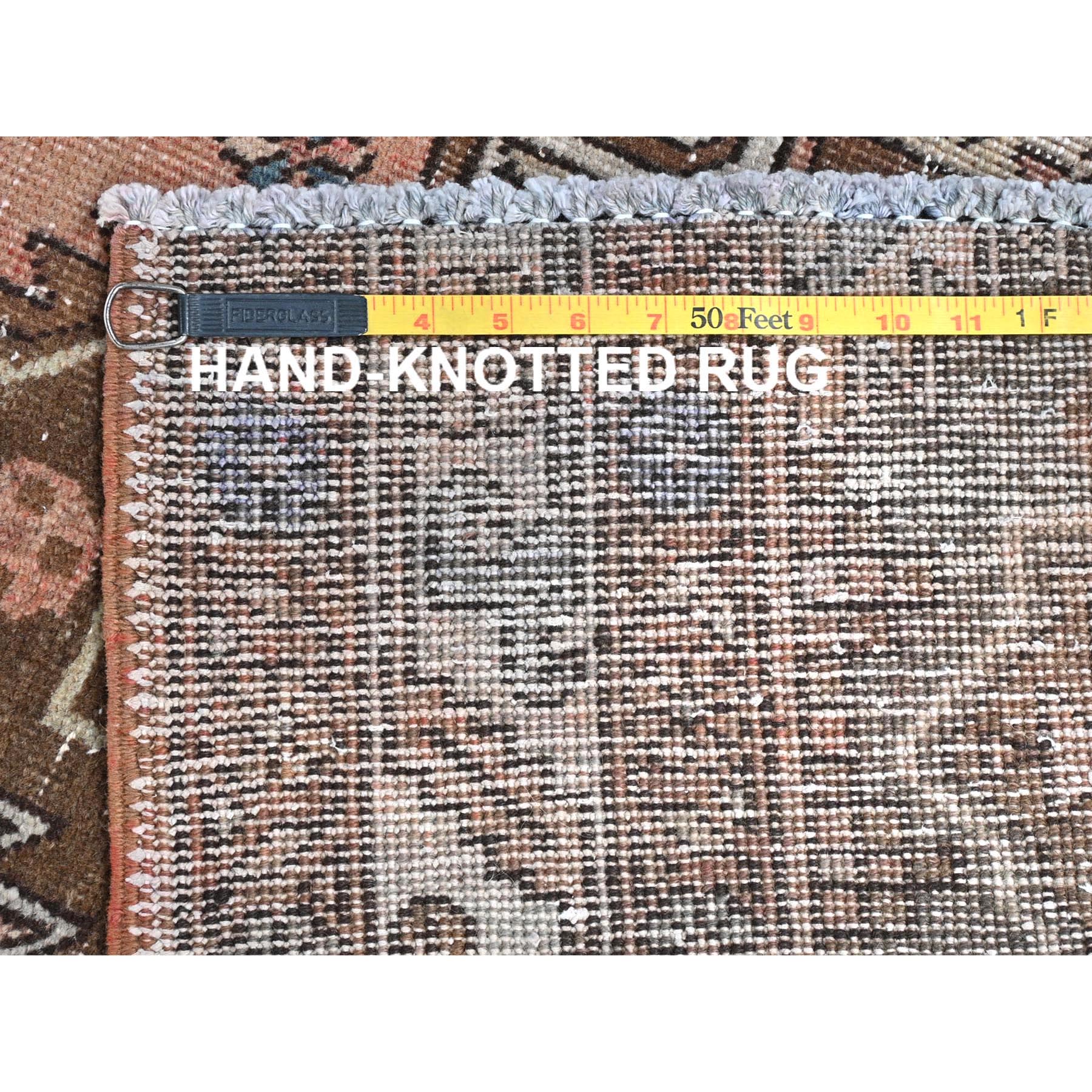 4'7"x12'9" Peach with Chocolate Brown, Vintage Persian Karajeh, Bohemian, Clean, Fragment, Hand Knotted Pure Wool, Distressed Wide Runner Oriental Rug Sh81861