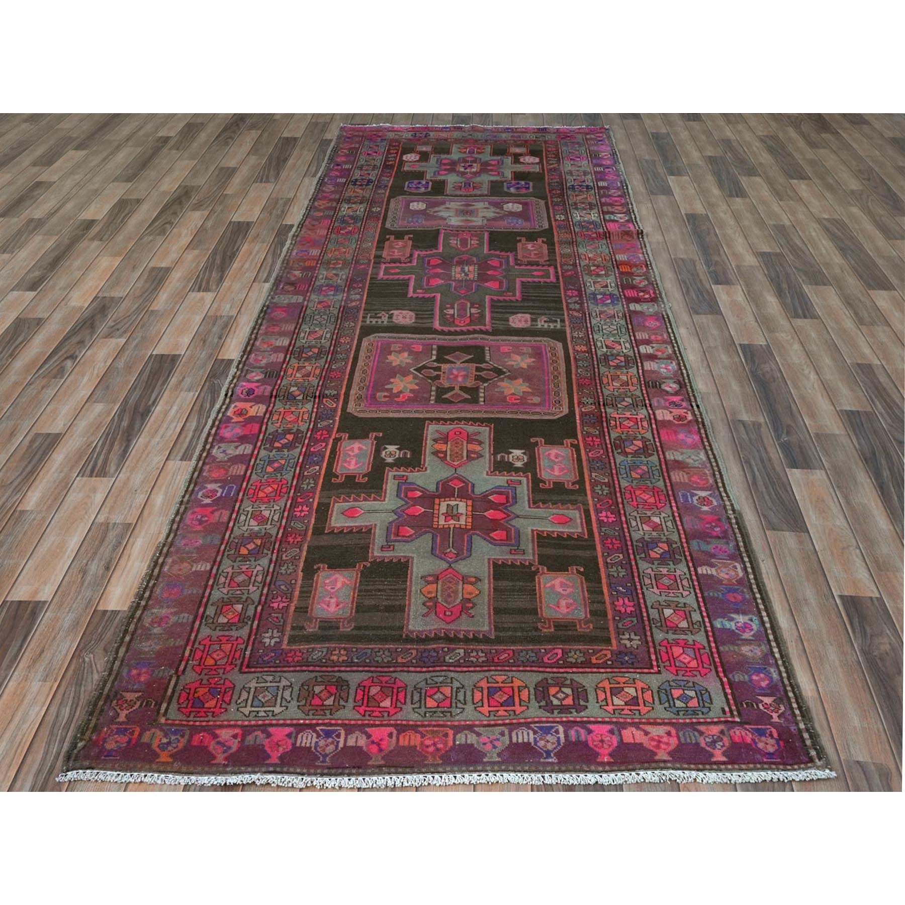 4'3"x11'5" Chocolate Brown with Batches of Pink, Bohemian Vintage Northwest Persian, Abrash, Clean, Sheared Low, Hand Knotted Pure Wool Wide Runner Oriental Rug Sh81862