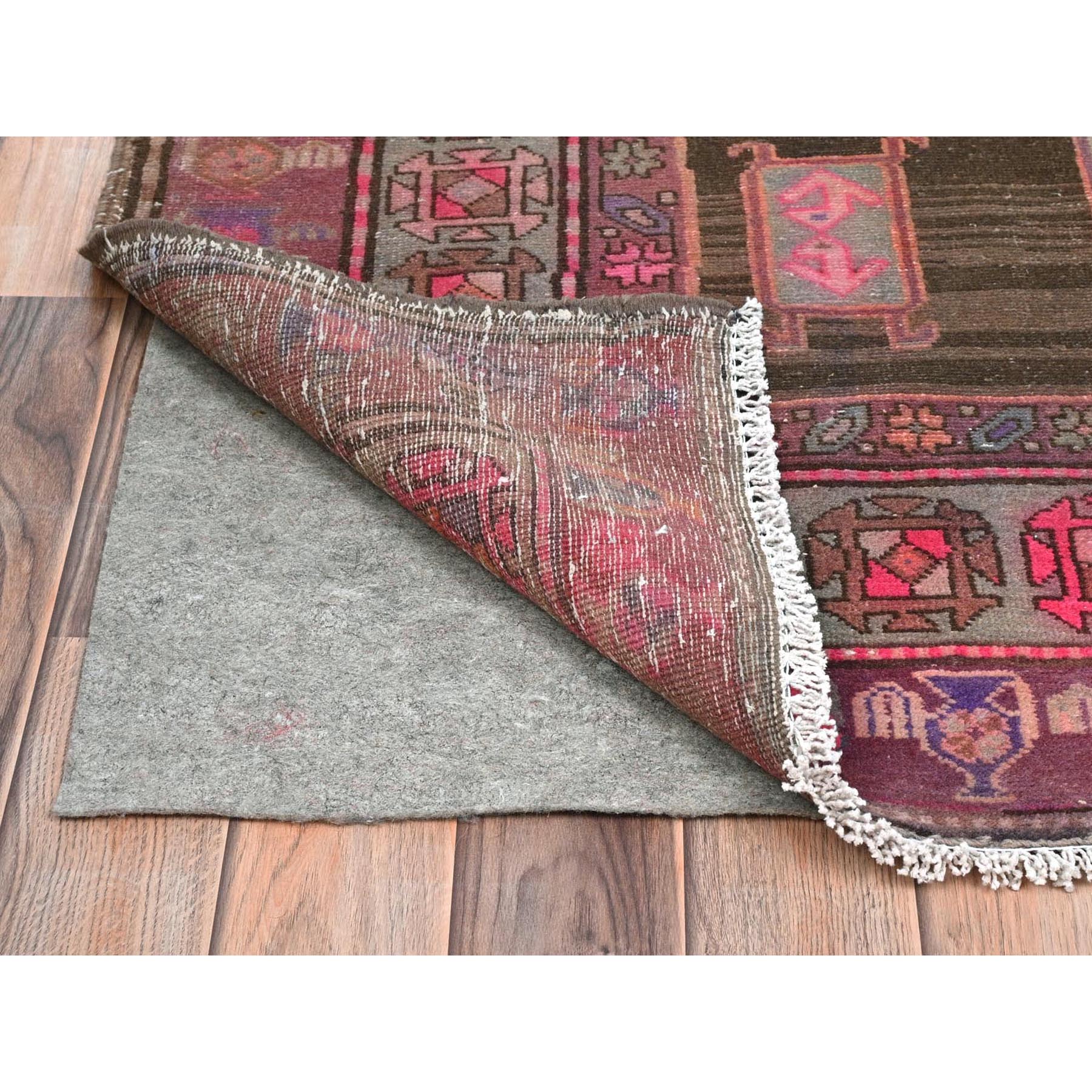 4'3"x11'5" Chocolate Brown with Batches of Pink, Bohemian Vintage Northwest Persian, Abrash, Clean, Sheared Low, Hand Knotted Pure Wool Wide Runner Oriental Rug Sh81862