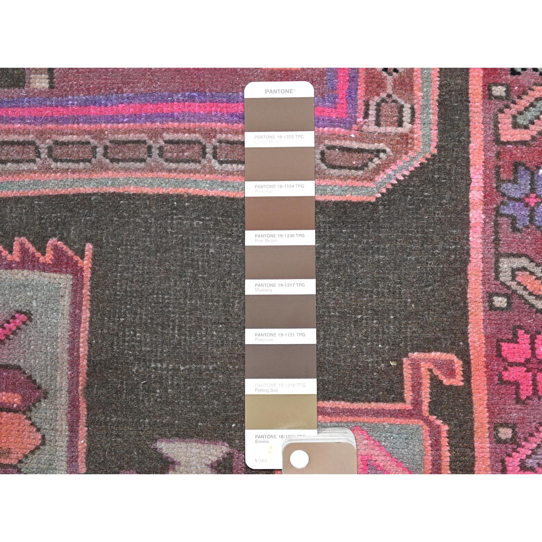 4'3"x11'5" Chocolate Brown with Batches of Pink, Bohemian Vintage Northwest Persian, Abrash, Clean, Sheared Low, Hand Knotted Pure Wool Wide Runner Oriental Rug Sh81862