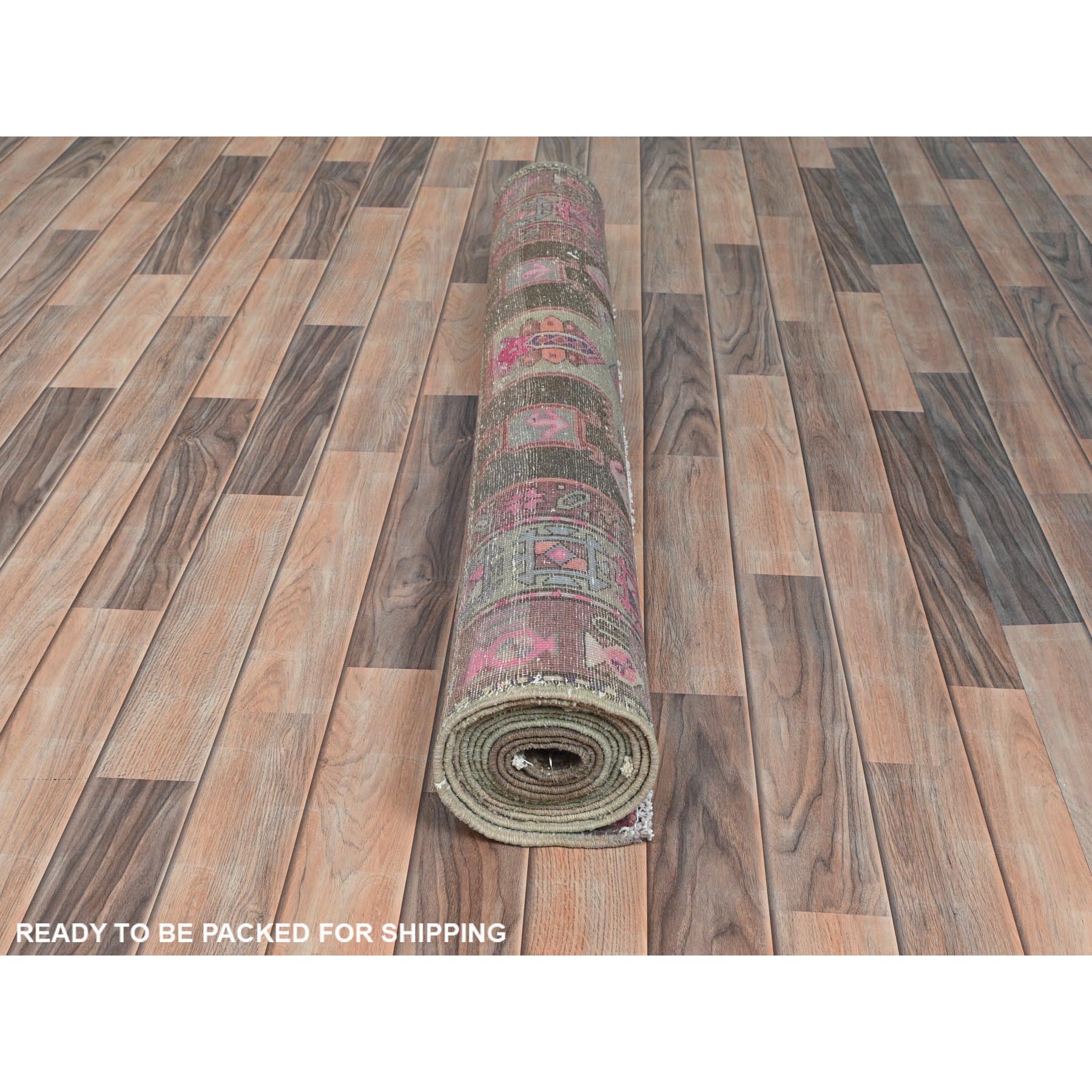 4'3"x11'5" Chocolate Brown with Batches of Pink, Bohemian Vintage Northwest Persian, Abrash, Clean, Sheared Low, Hand Knotted Pure Wool Wide Runner Oriental Rug Sh81862