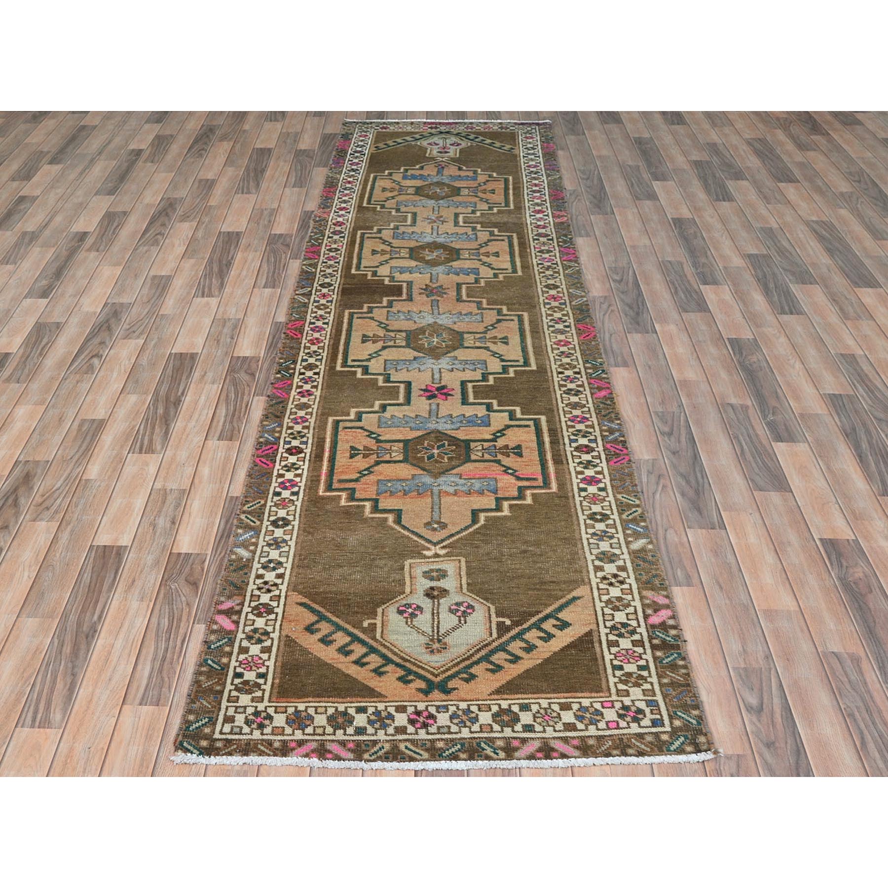 3'3"x12'10" Hazelnut Brown Vintage Northwest Persian with Serrated Medallions, Distressed, Hand Knotted Pure Wool, Professionally Cleaned, Wide Runner Oriental Rug Sh81868