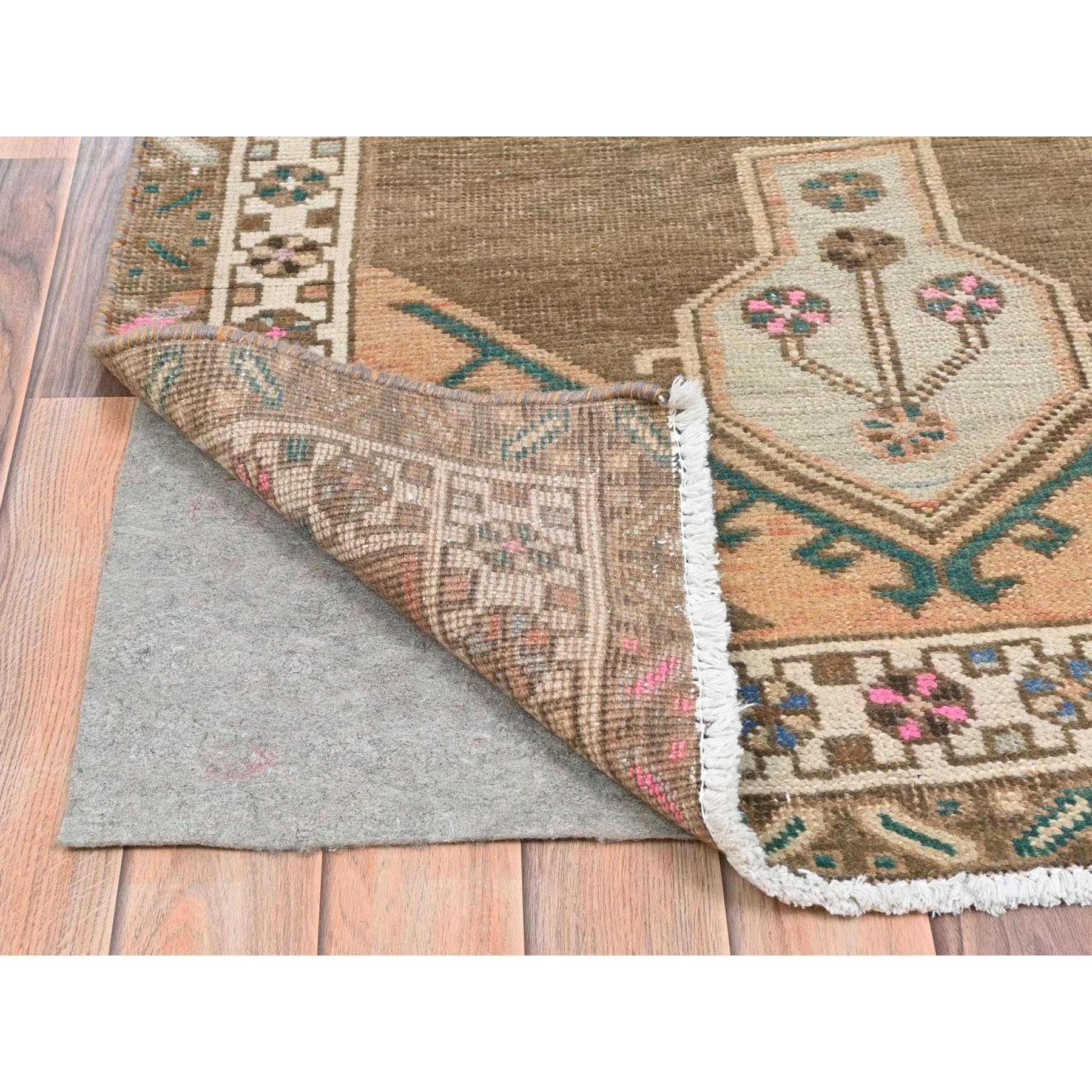 3'3"x12'10" Hazelnut Brown Vintage Northwest Persian with Serrated Medallions, Distressed, Hand Knotted Pure Wool, Professionally Cleaned, Wide Runner Oriental Rug Sh81868