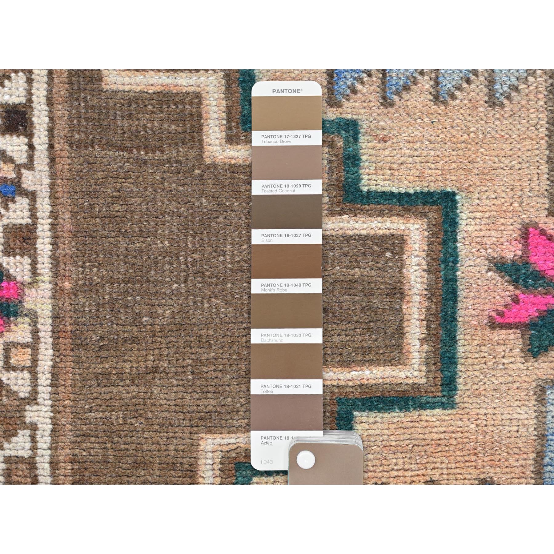 3'3"x12'10" Hazelnut Brown Vintage Northwest Persian with Serrated Medallions, Distressed, Hand Knotted Pure Wool, Professionally Cleaned, Wide Runner Oriental Rug Sh81868