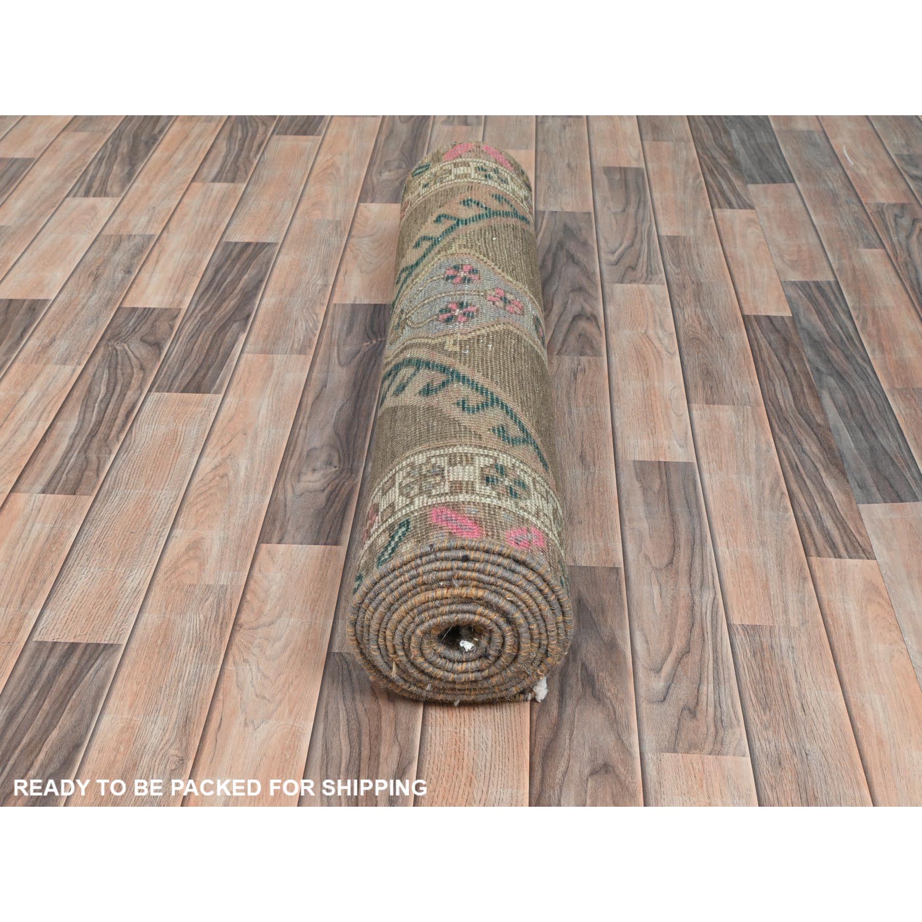 3'3"x12'10" Hazelnut Brown Vintage Northwest Persian with Serrated Medallions, Distressed, Hand Knotted Pure Wool, Professionally Cleaned, Wide Runner Oriental Rug Sh81868