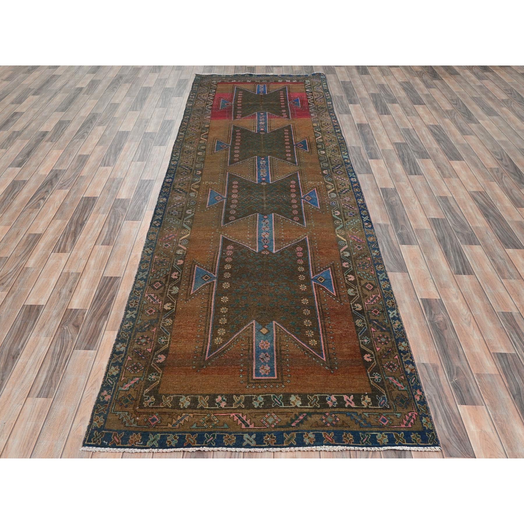 3'9"x13' Honey Brown, Bohemian Vintage Persian Mazlaghan with Unique Design, Distinct Abrash, Cropped Thin, Pure Wool Hand Knotted, Clean Wide Runner Oriental Rug Sh81870