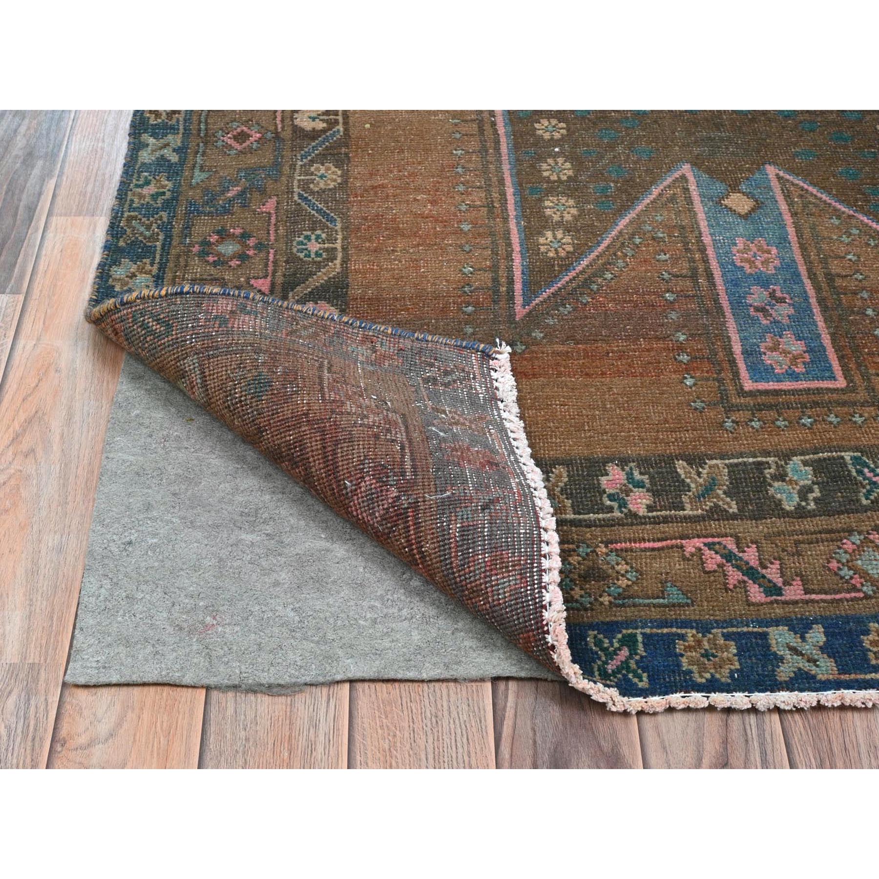 3'9"x13' Honey Brown, Bohemian Vintage Persian Mazlaghan with Unique Design, Distinct Abrash, Cropped Thin, Pure Wool Hand Knotted, Clean Wide Runner Oriental Rug Sh81870