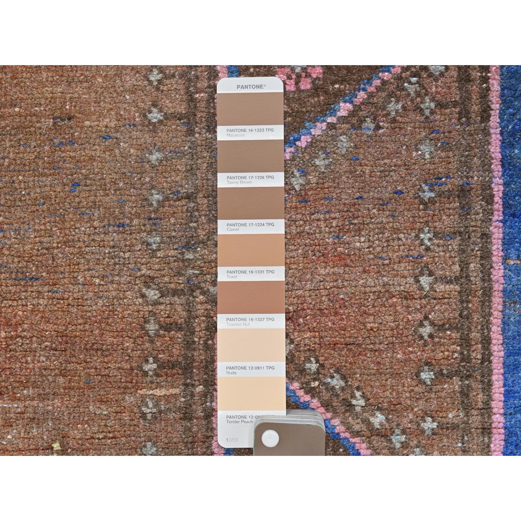 3'9"x13' Honey Brown, Bohemian Vintage Persian Mazlaghan with Unique Design, Distinct Abrash, Cropped Thin, Pure Wool Hand Knotted, Clean Wide Runner Oriental Rug Sh81870