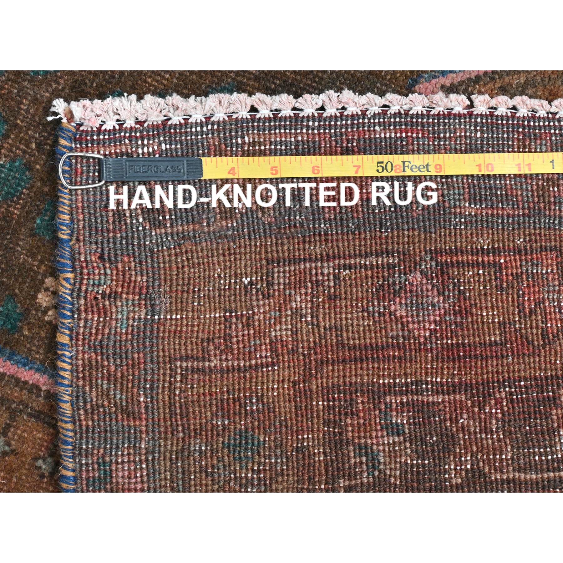 3'9"x13' Honey Brown, Bohemian Vintage Persian Mazlaghan with Unique Design, Distinct Abrash, Cropped Thin, Pure Wool Hand Knotted, Clean Wide Runner Oriental Rug Sh81870