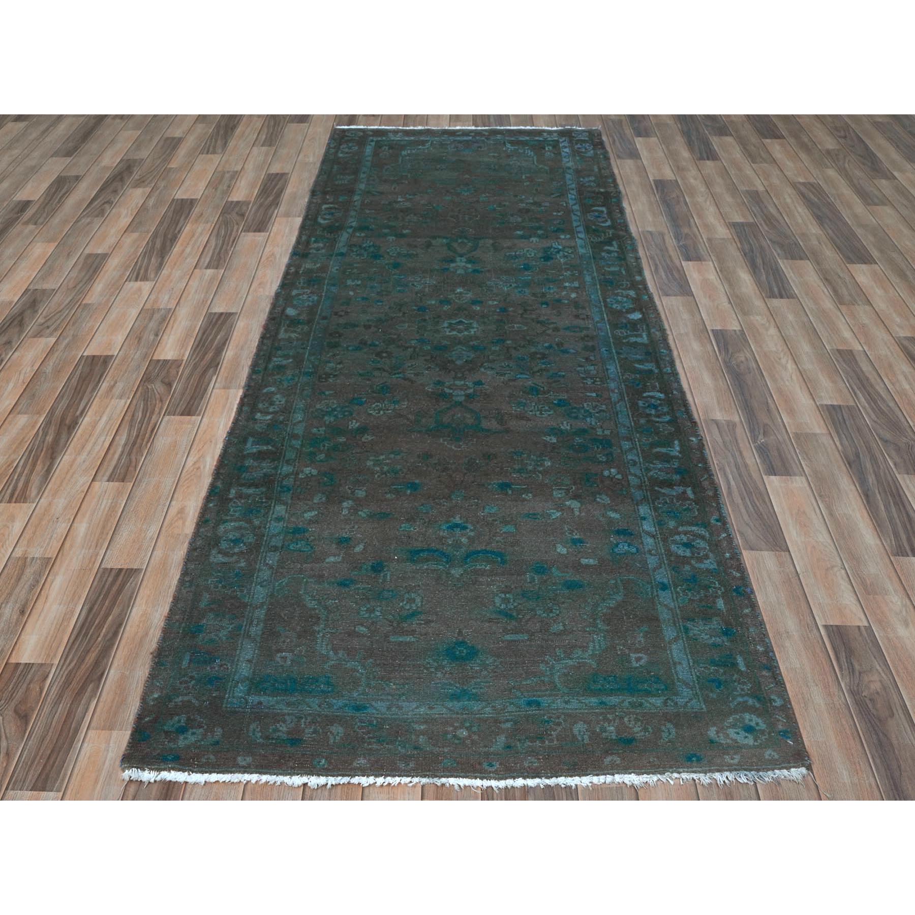 3'8"x9'3" Brown Overdyed with Touches of Blue, Vintage Persian Bibikabad, Sheared Low, Clean, Pure Wool, Hand Knotted Wide Runner Oriental Rug Sh81872