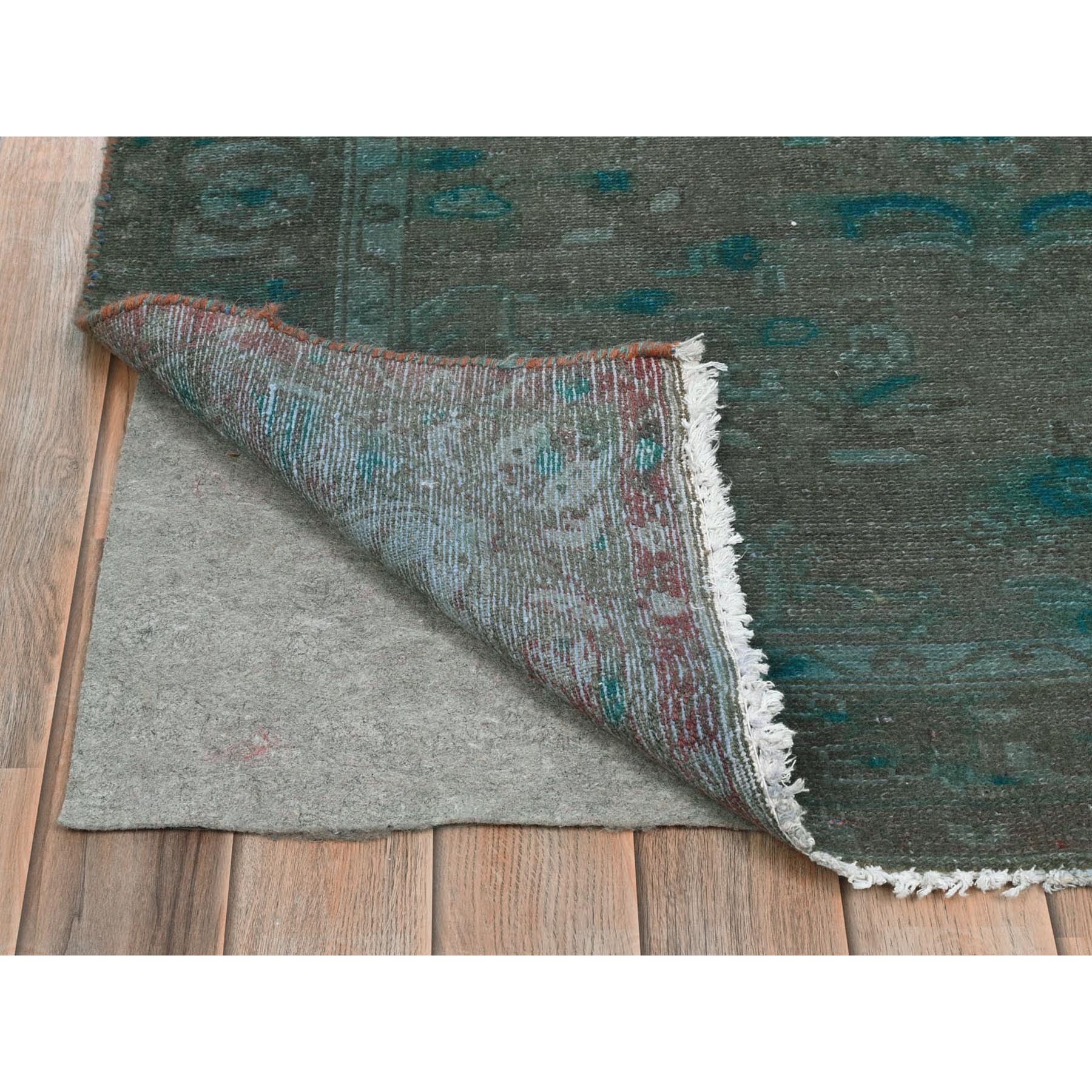 3'8"x9'3" Brown Overdyed with Touches of Blue, Vintage Persian Bibikabad, Sheared Low, Clean, Pure Wool, Hand Knotted Wide Runner Oriental Rug Sh81872
