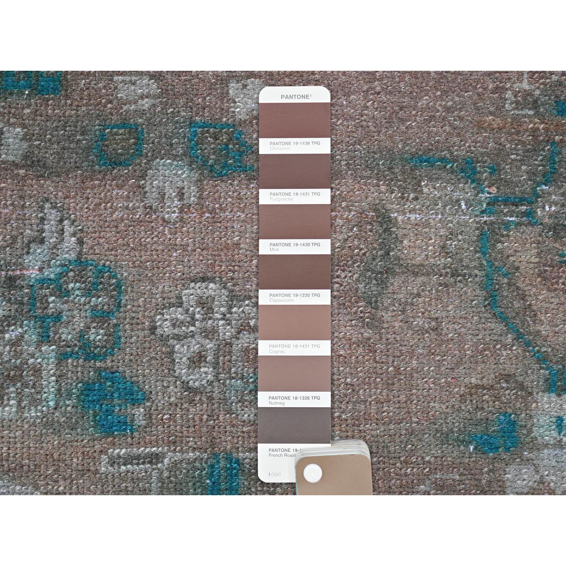 3'8"x9'3" Brown Overdyed with Touches of Blue, Vintage Persian Bibikabad, Sheared Low, Clean, Pure Wool, Hand Knotted Wide Runner Oriental Rug Sh81872