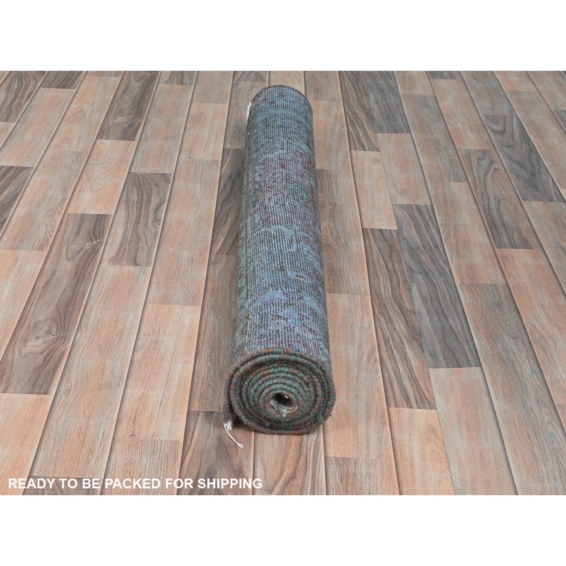 3'8"x9'3" Brown Overdyed with Touches of Blue, Vintage Persian Bibikabad, Sheared Low, Clean, Pure Wool, Hand Knotted Wide Runner Oriental Rug Sh81872