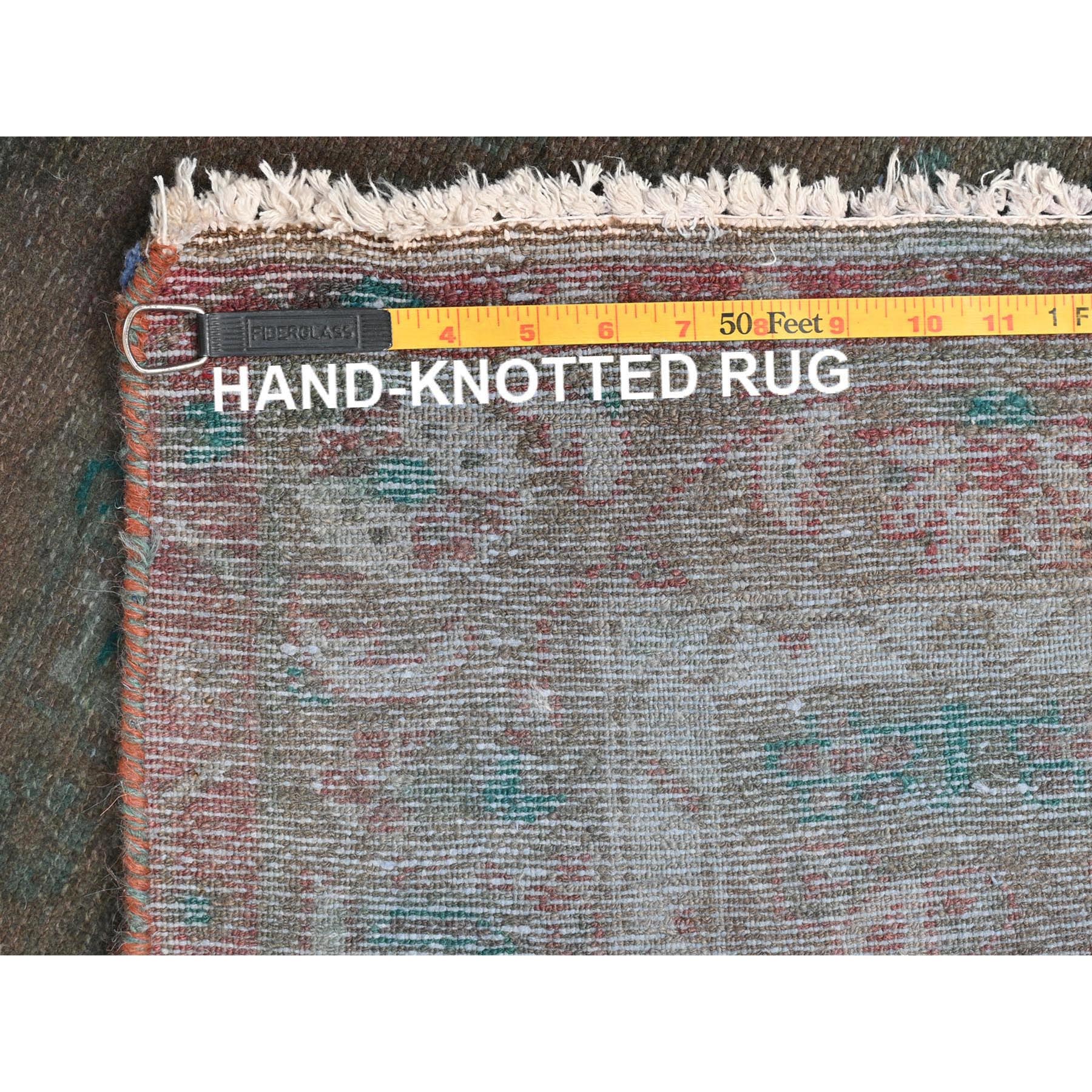 3'8"x9'3" Brown Overdyed with Touches of Blue, Vintage Persian Bibikabad, Sheared Low, Clean, Pure Wool, Hand Knotted Wide Runner Oriental Rug Sh81872