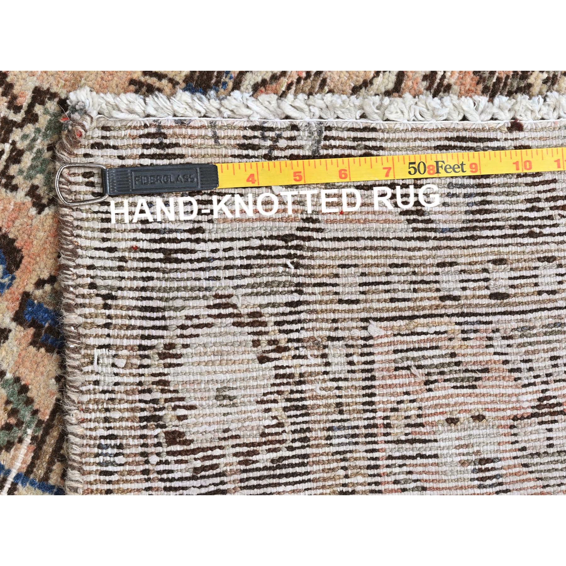 3'5"x9'2" Beige, Hand Knotted, Vintage Persian Hamadan with Fish Mahi Herat All Over Design, Clean, Distinct Abrash, Worn Down, Pure Wool Wide Runner Oriental Rug Sh81883