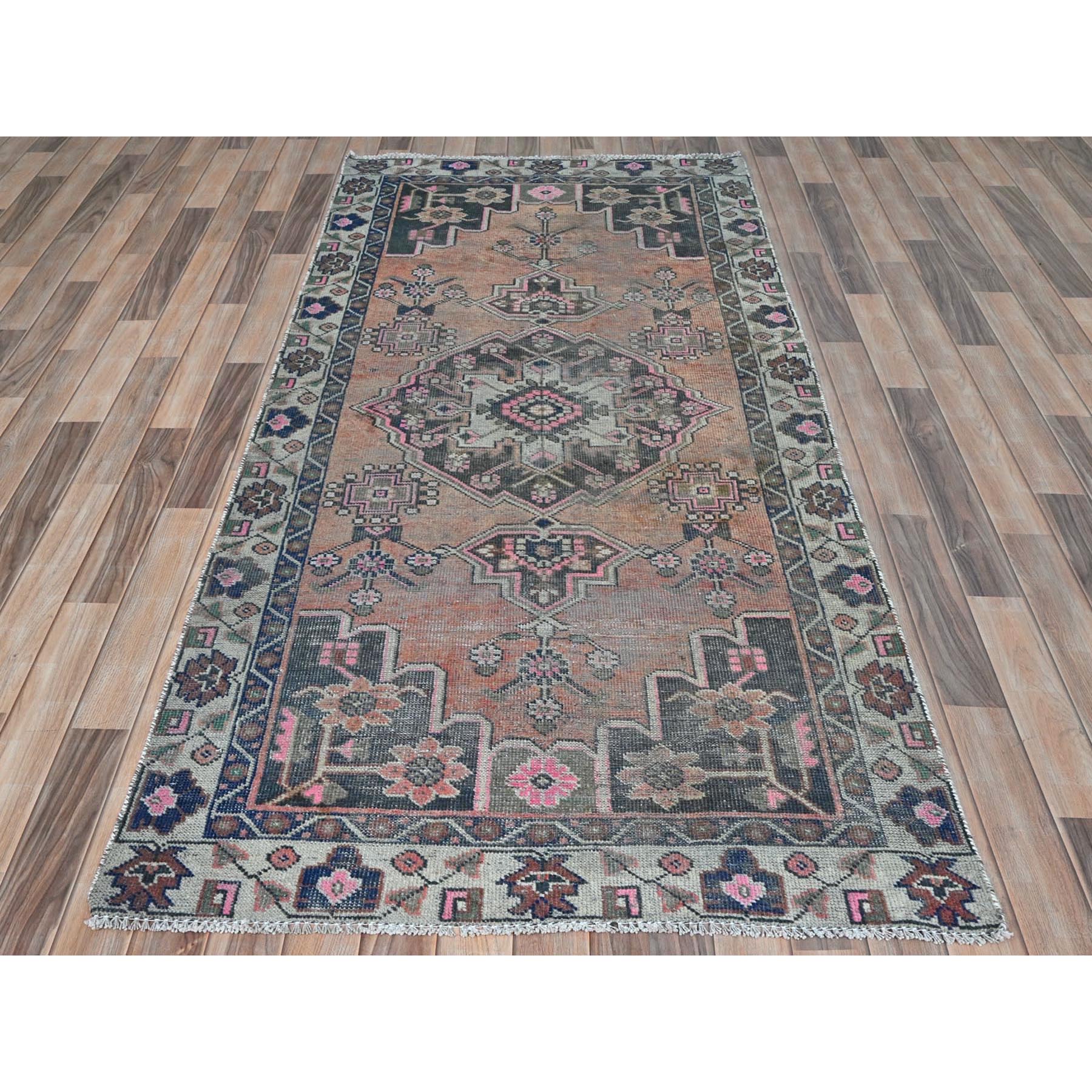 3'10"x7'8" Light Coral with Touches of Chocolate Brown, Vintage Persian Bakhtiar, Clean, Hand Knotted Pure Wool, Distressed Oriental Rug Sh81891