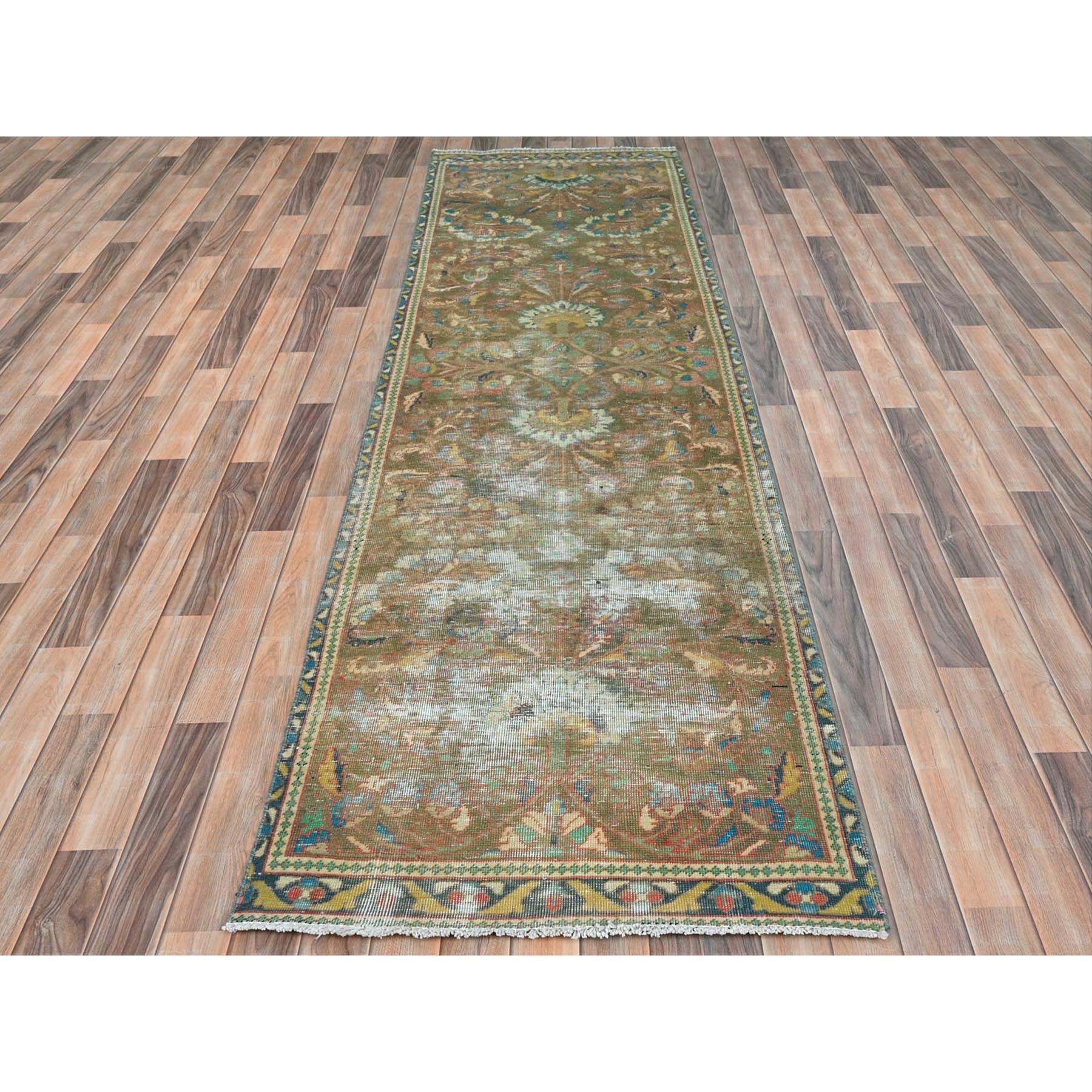 3'x10'1" Taupe, Worn Down, Bohemian Vintage Persian Lilahan, Hand Knotted, Pure Wool, Professionally Cleaned Wide Runner Oriental Rug Sh81896