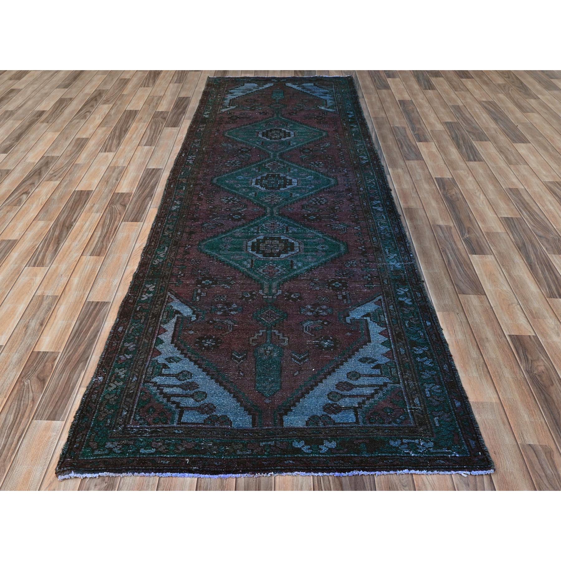 3'5"x9'7" Light Red Overdyed Vintage Persian Hamadan with Serrated Medallions, Hand Knotted Pure Wool, Clean, Worn Down, Wide Runner Oriental Rug Sh81919