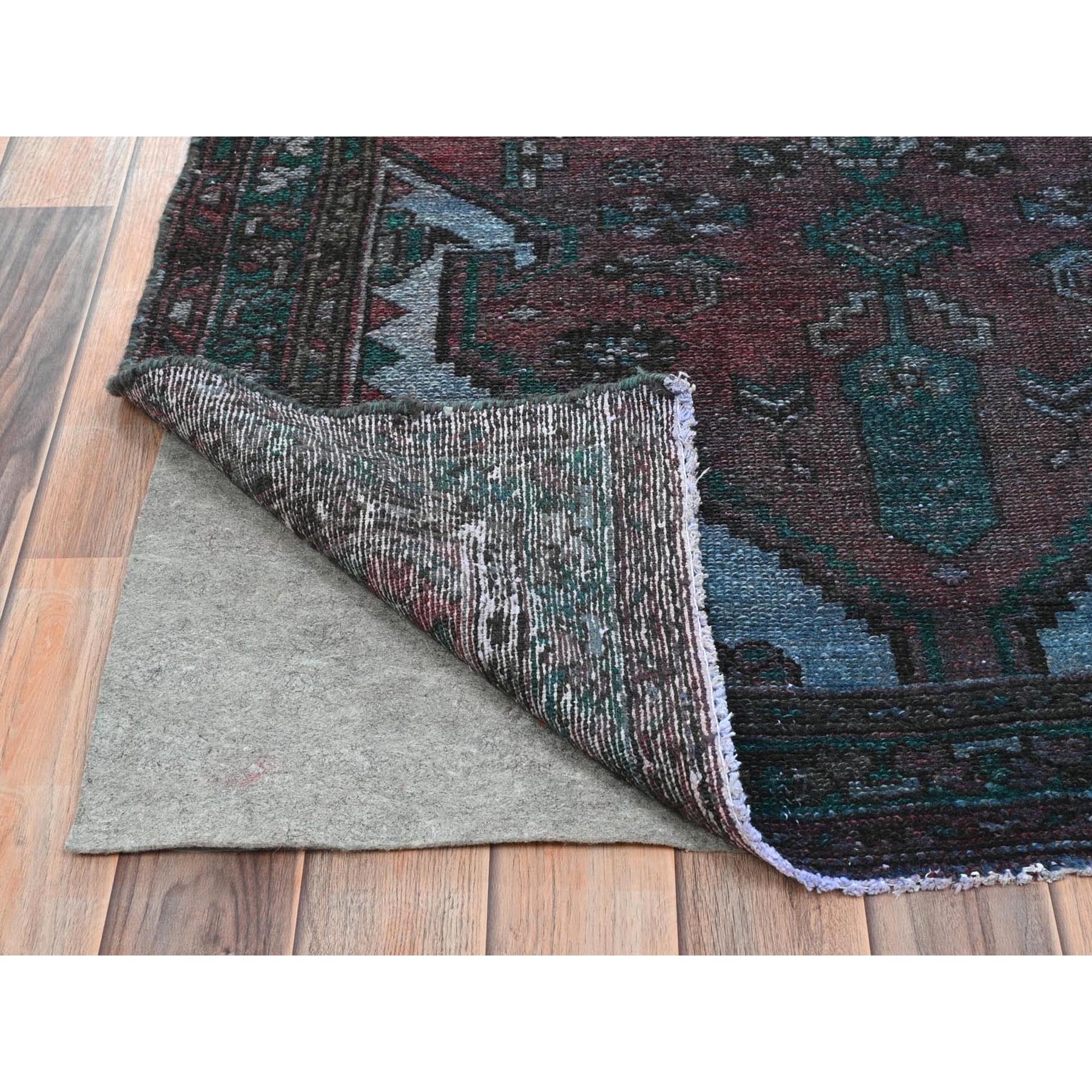 3'5"x9'7" Light Red Overdyed Vintage Persian Hamadan with Serrated Medallions, Hand Knotted Pure Wool, Clean, Worn Down, Wide Runner Oriental Rug Sh81919