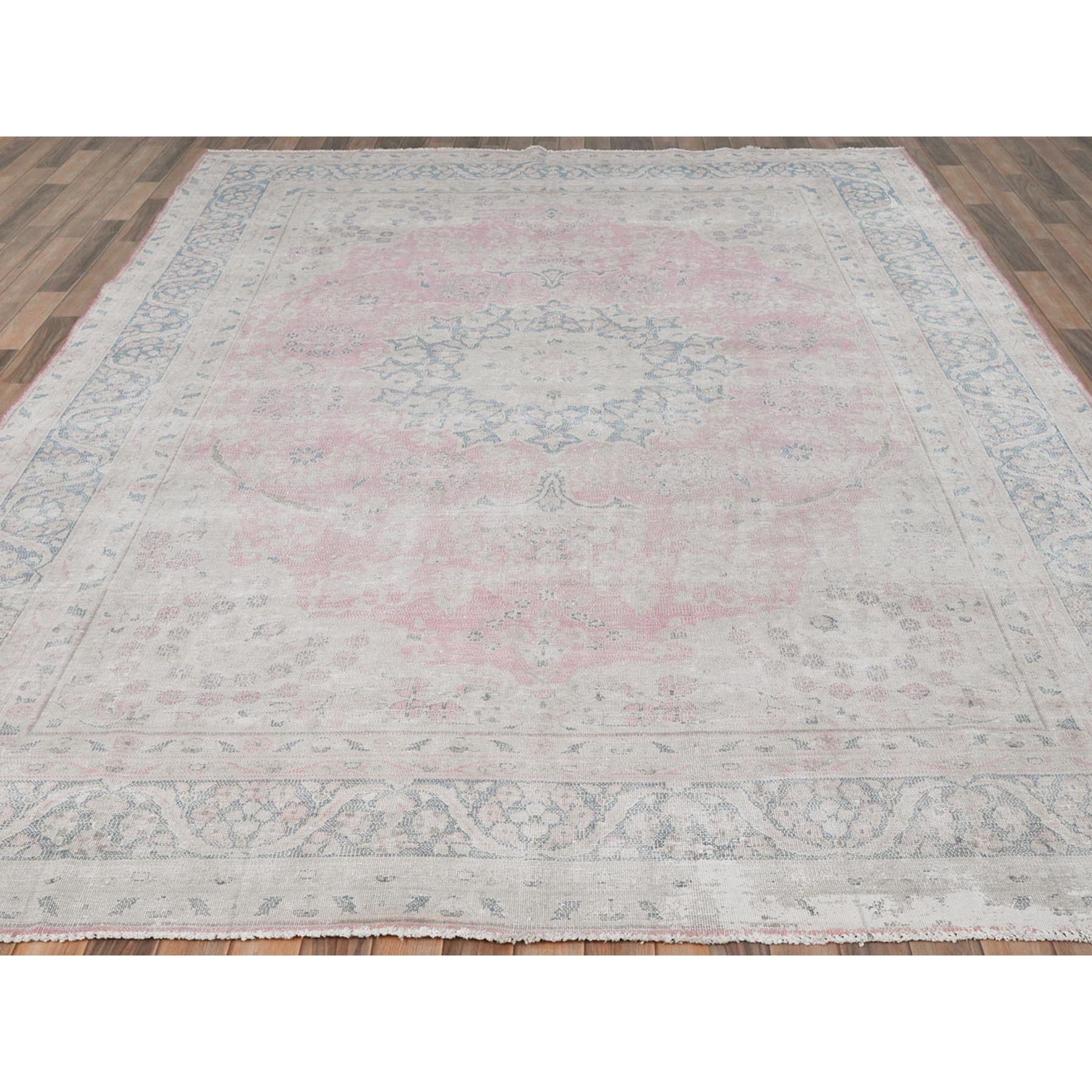 8'5"x11'9" Soft Pink, Vintage Persian Kerman, Sheared Low Distressed Look, Worn Wool Hand Knotted, Oriental Rug Sh81930