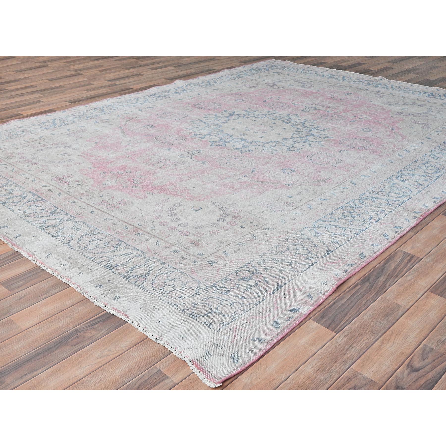 8'5"x11'9" Soft Pink, Vintage Persian Kerman, Sheared Low Distressed Look, Worn Wool Hand Knotted, Oriental Rug Sh81930