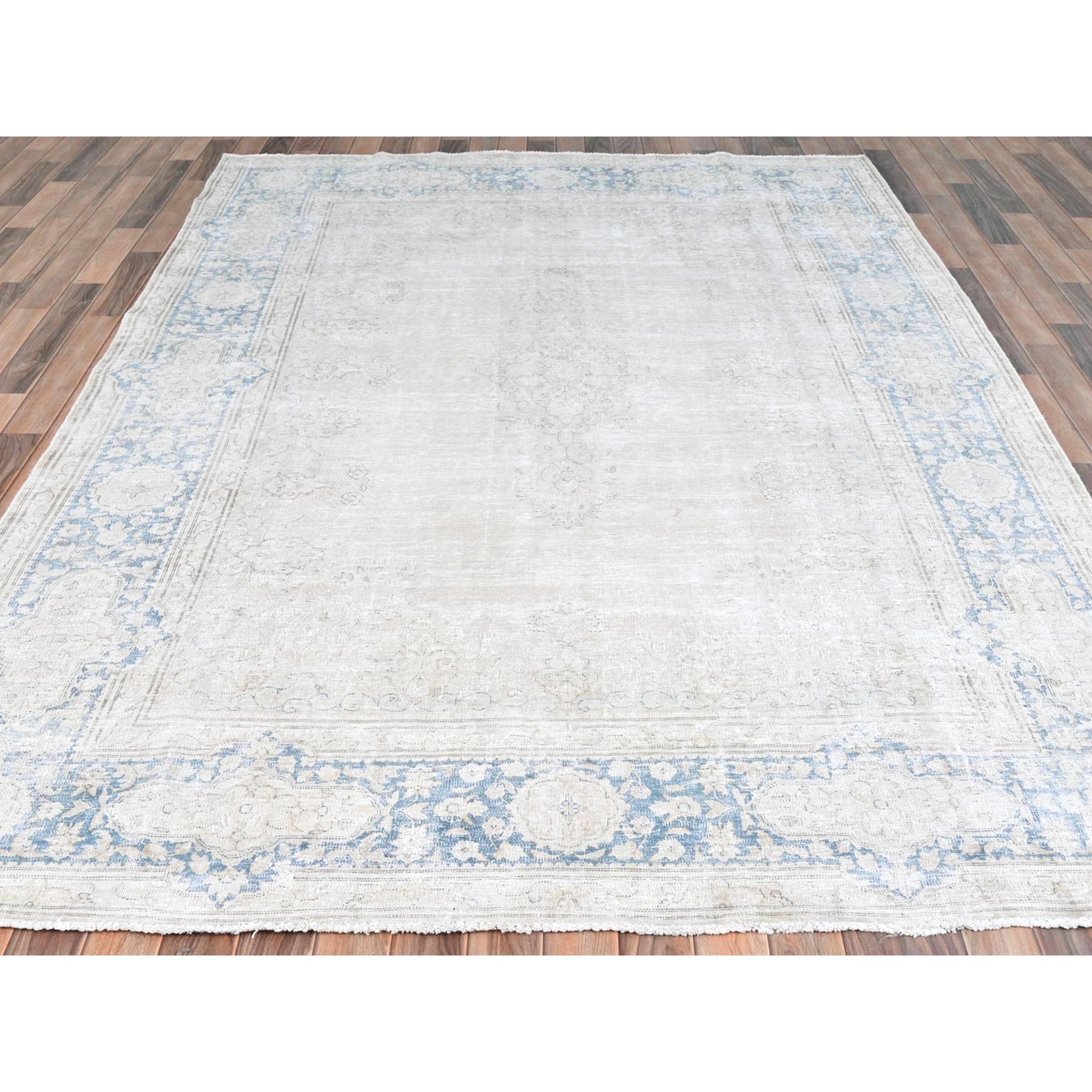 7'x10' Ivory, Hand Knotted Vintage Persian Kerman, Sheared Low Distressed Look Worn Wool, Oriental Rug Sh81940